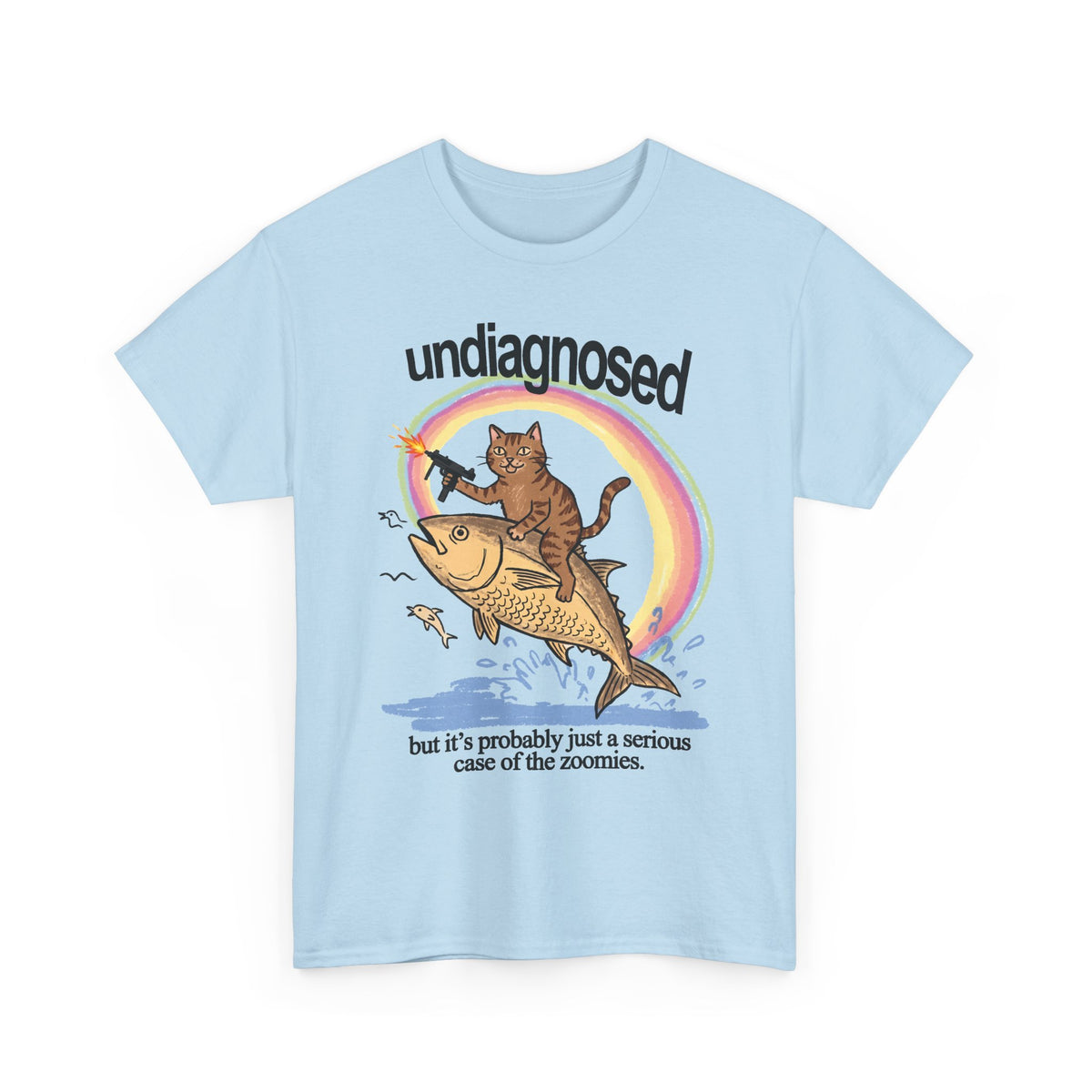 Undiagnosed Case Of The Zoomies T-Shirt — Machine Gun Cat Riding Fish Tee
