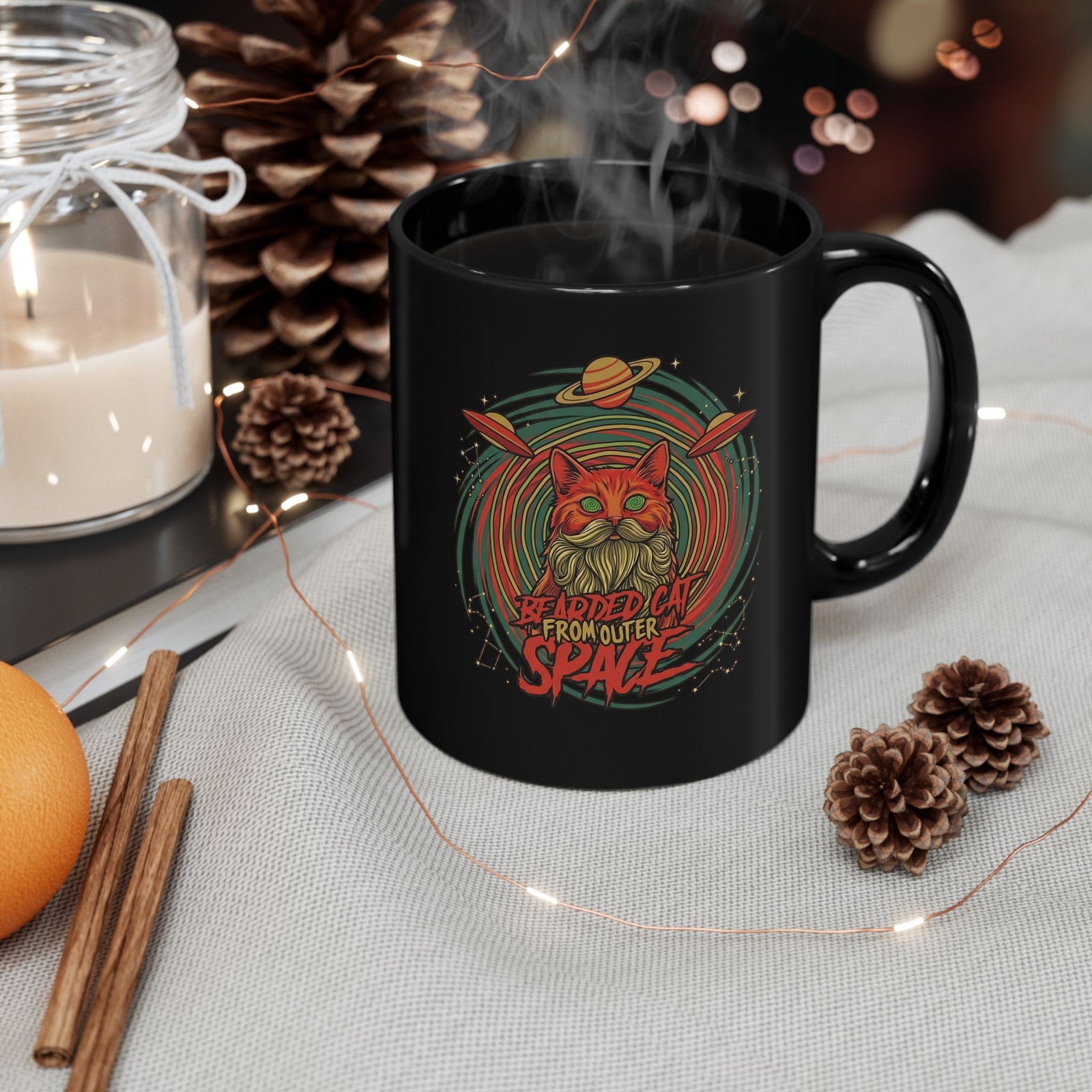 Bearded Cat from Outer Space Black Mug