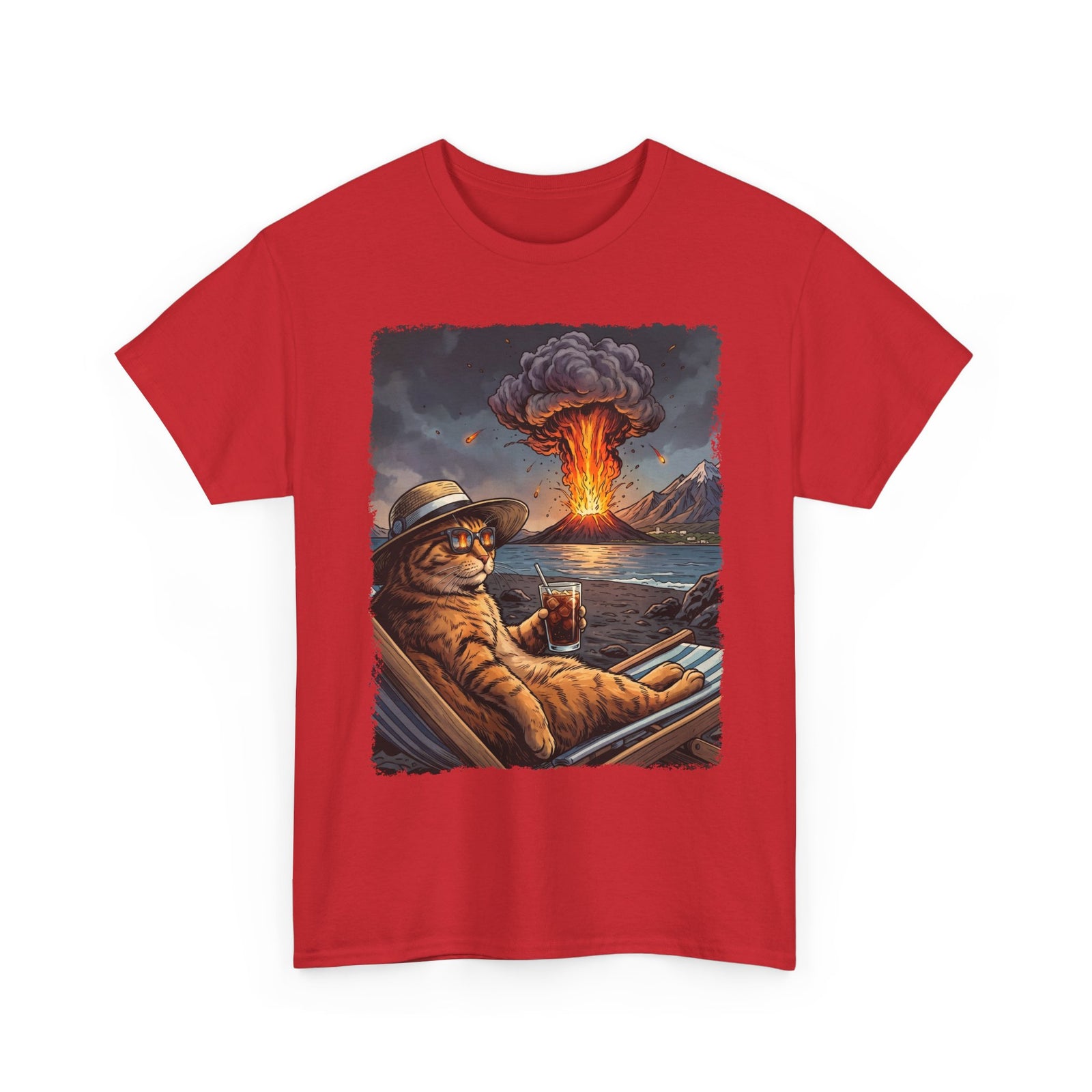 Unbothered Orange Cat Volcano T-Shirt — Funny Chaos Beach Lounging Tee