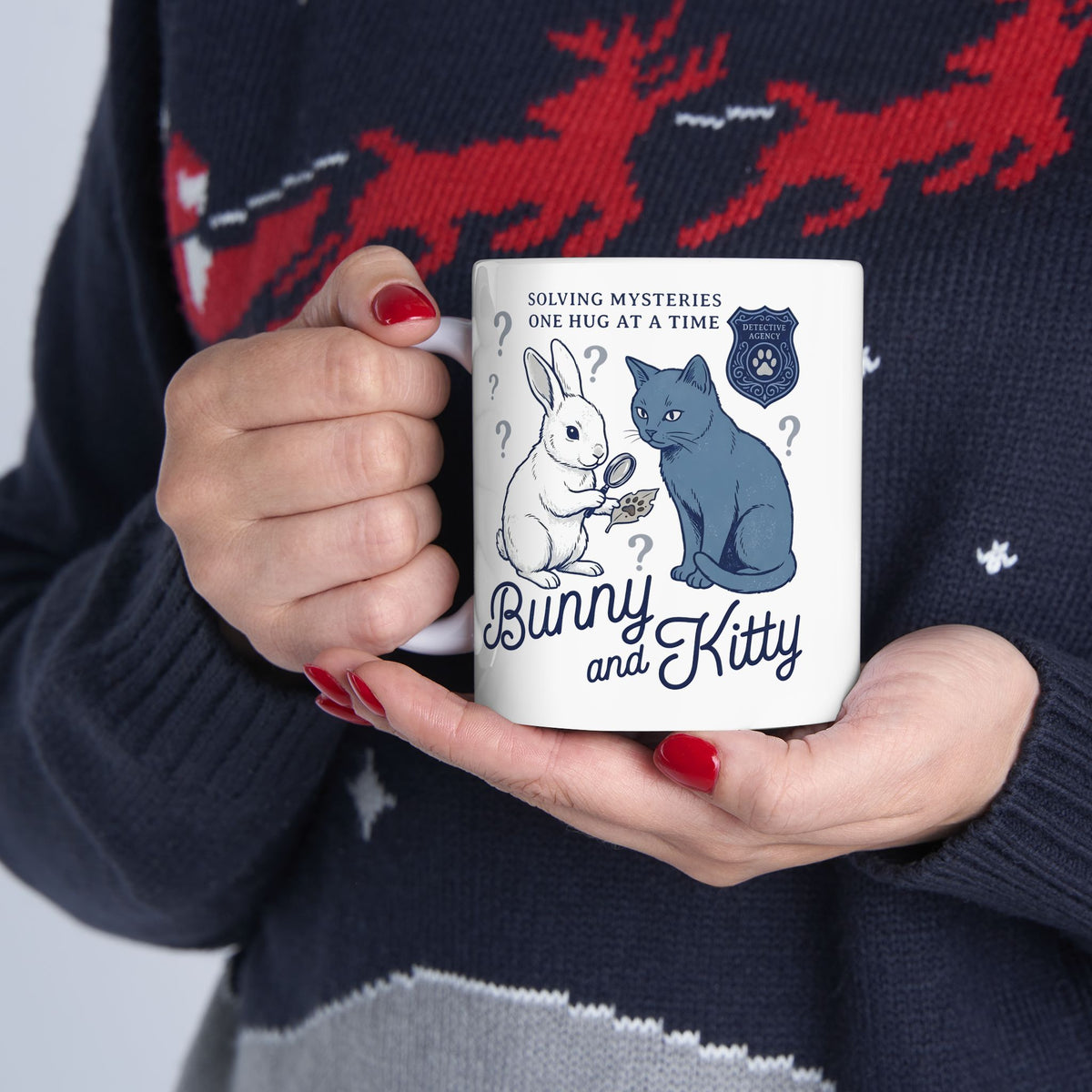 Detective Bunny & Kitty Ceramic Mug — Cute 'Solving Mysteries One Hug At A Time' Mug