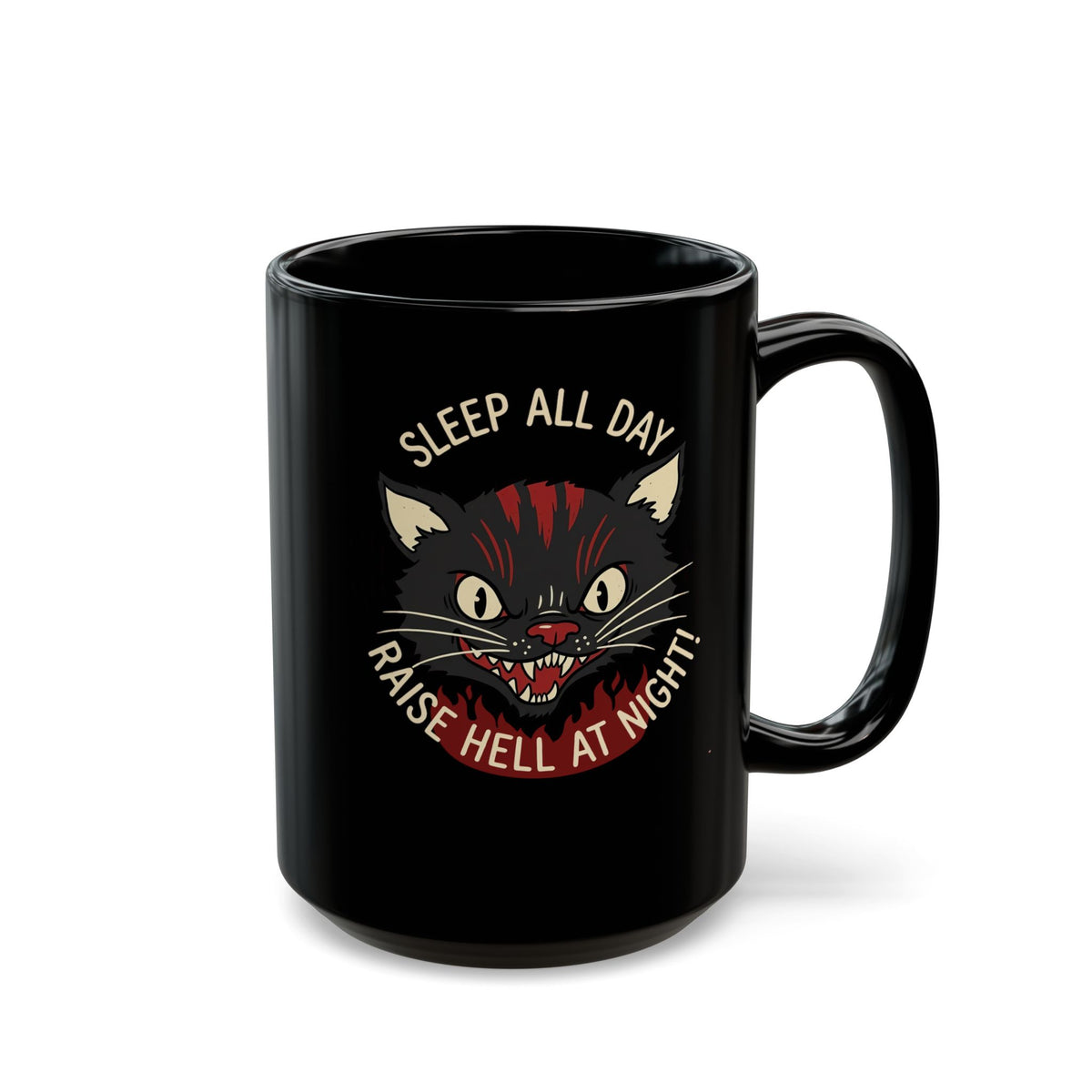 Funny Cat 'Sleep All Day, Raise Hell At Night' Black Mug
