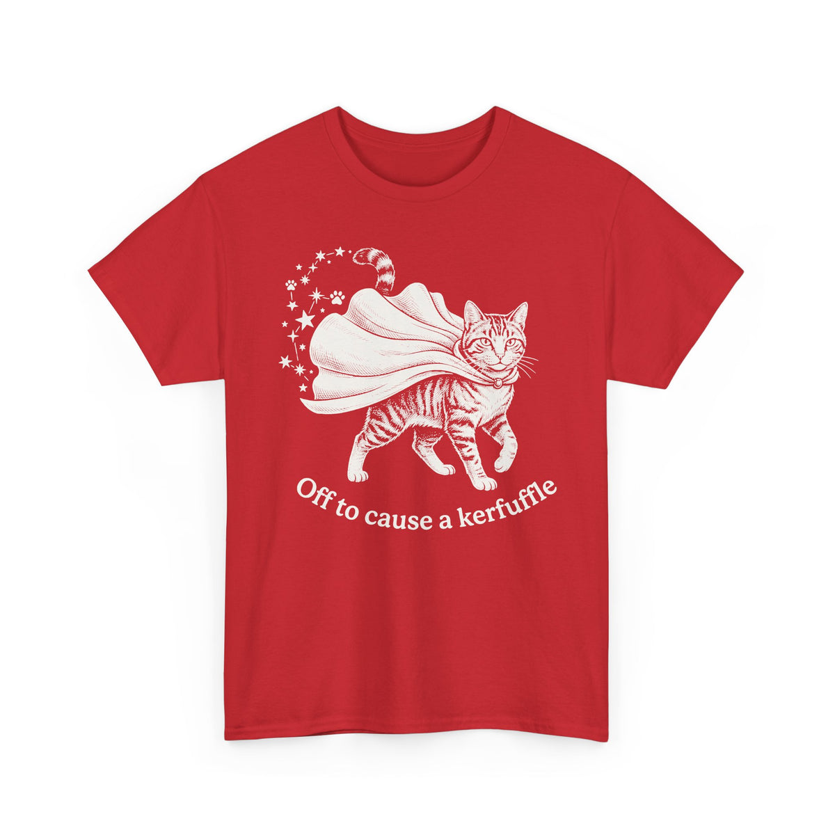 Cat Cape T-Shirt — "Off to cause a kerfuffle" Cute Mischief Cat Tee