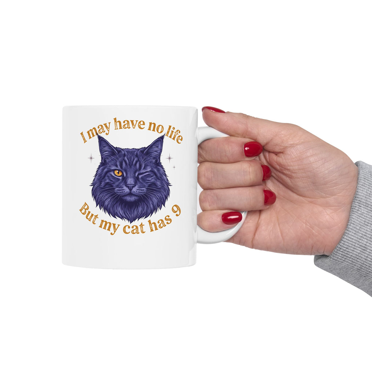 Cat Lover T‑Mug — “I May Have No Life But My Cat Has 9” with Illustrated Cat
