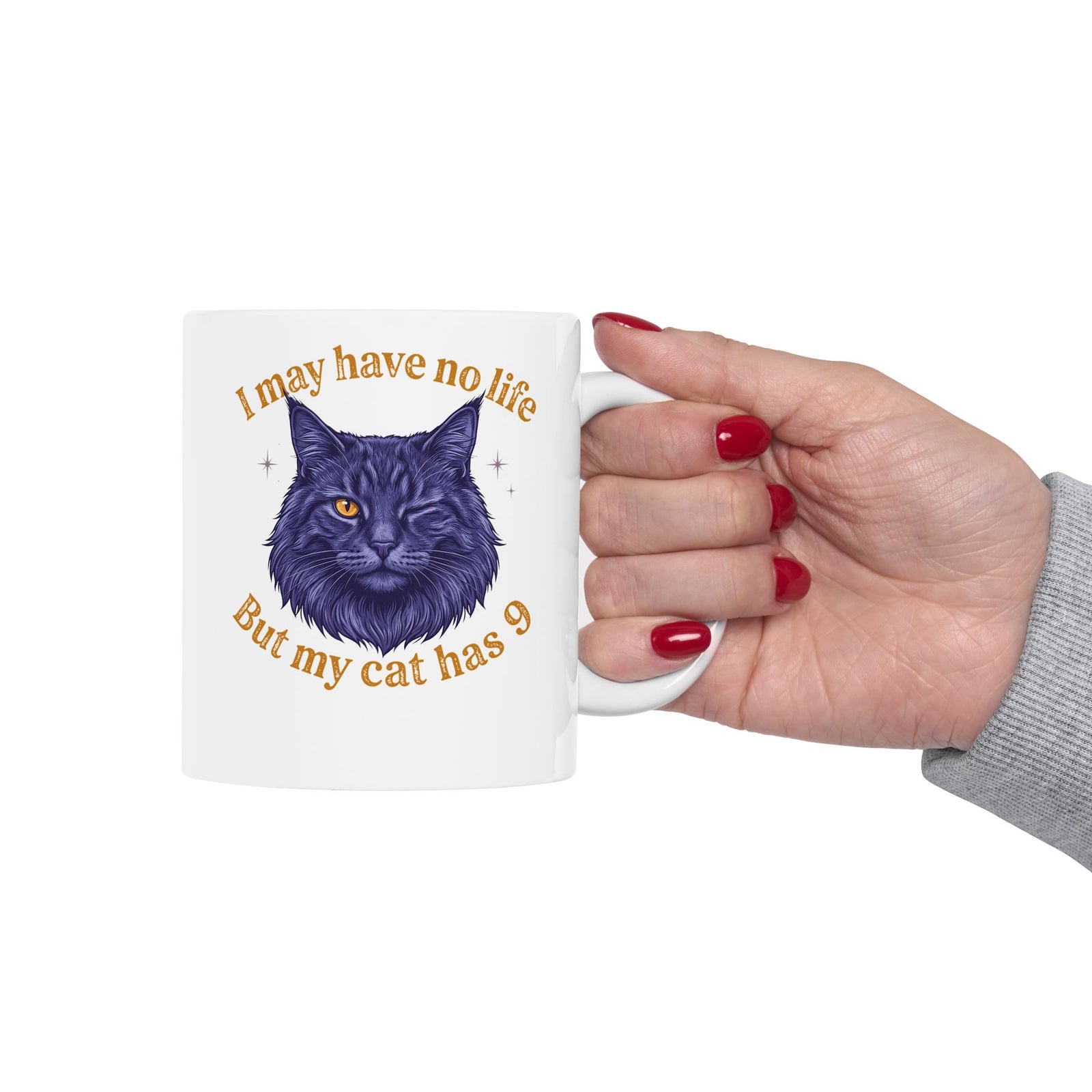 Cat Lover T‑Mug — “I May Have No Life But My Cat Has 9” with Illustrated Cat