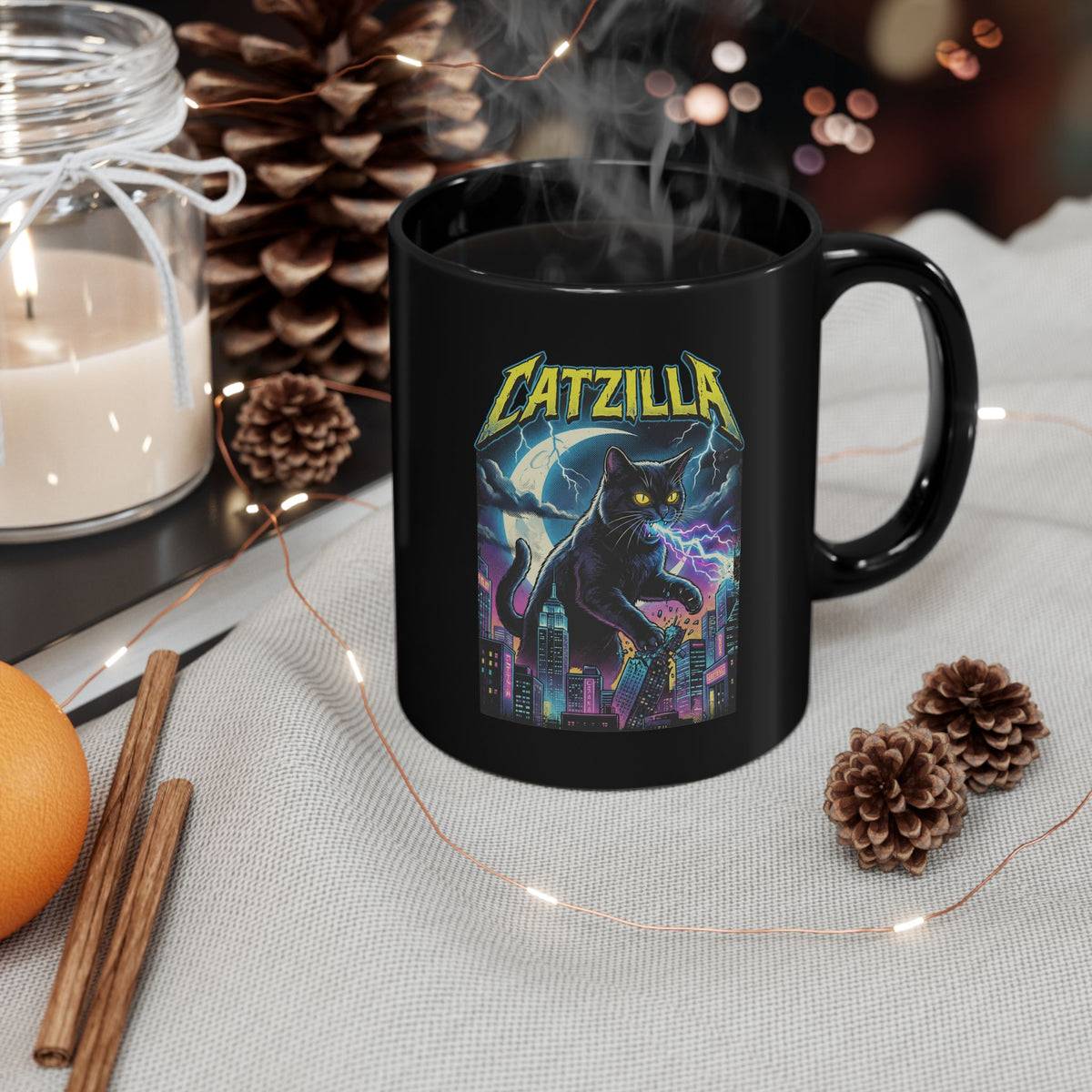 Cat Attack Black Mug — Funny Graphic Cat Mug