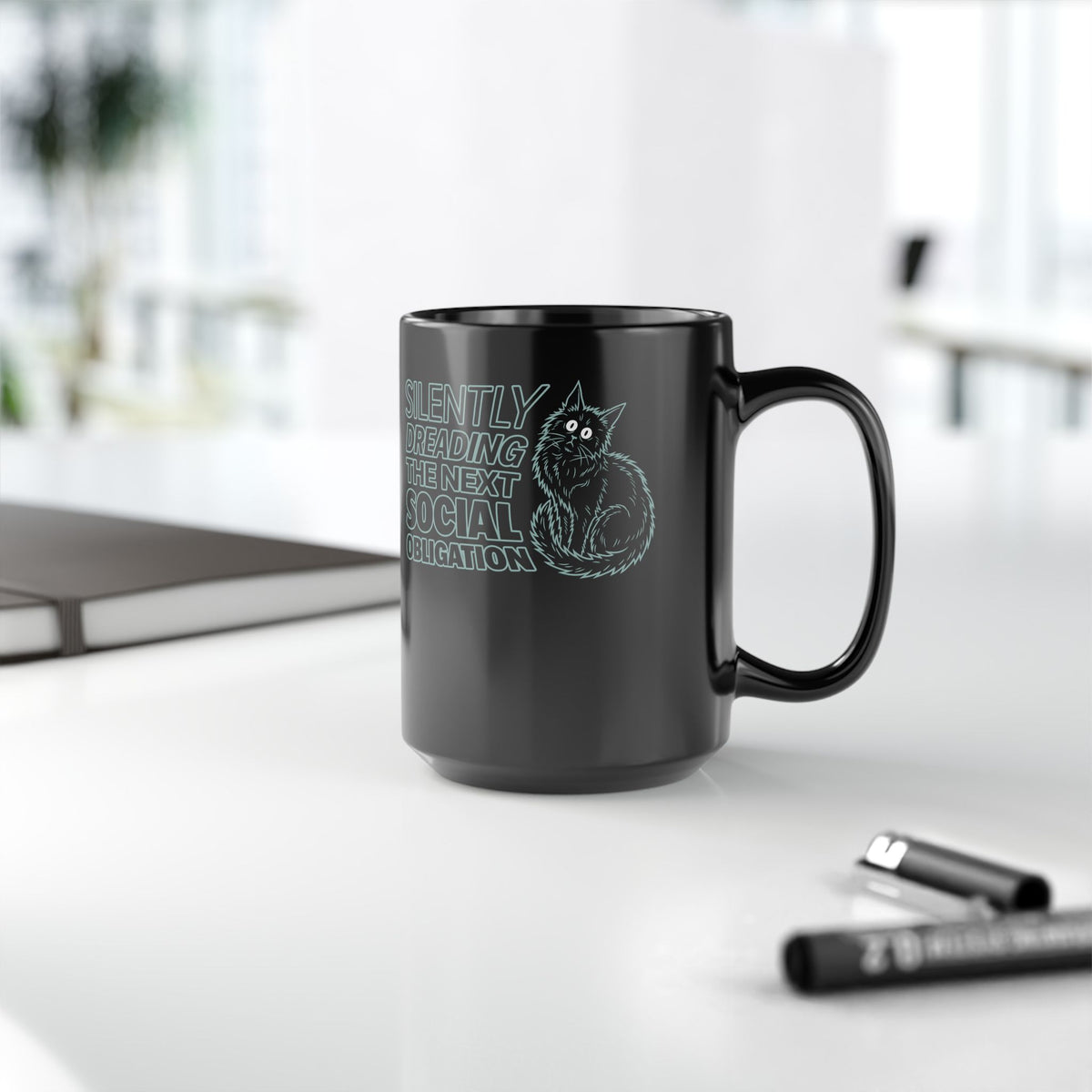 Introvert Cat Black Mug — "Silently Dreading the Next Social Obligation"