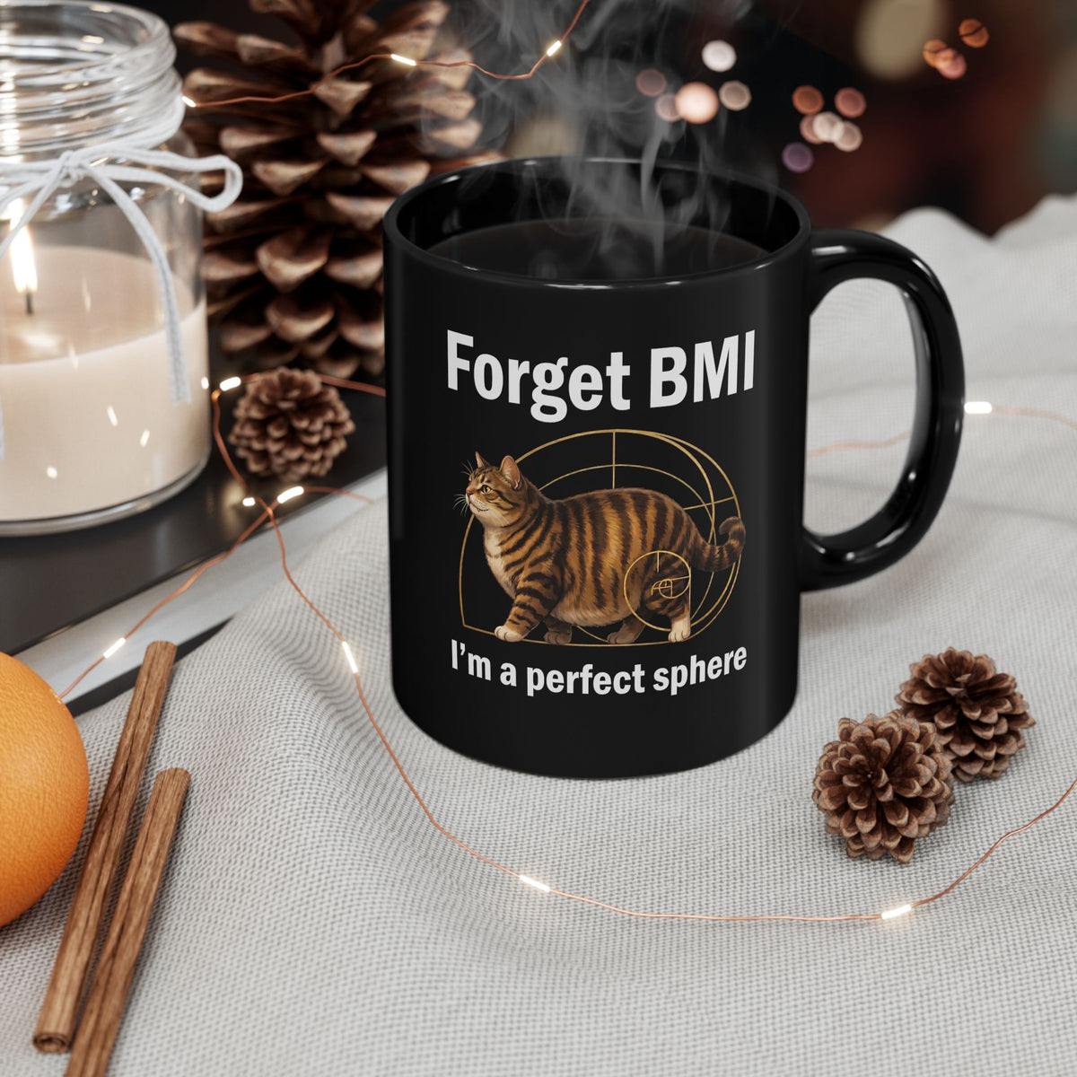 "Forget BMI I'm A Perfect Sphere" Funny Chonk Cat Black Mug