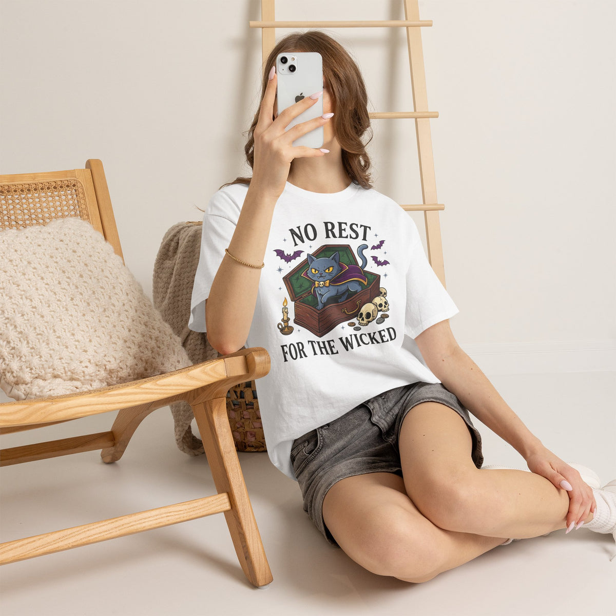 No Rest For The Wicked Cat Tee — Halloween Cat Coffin Graphic T-Shirt