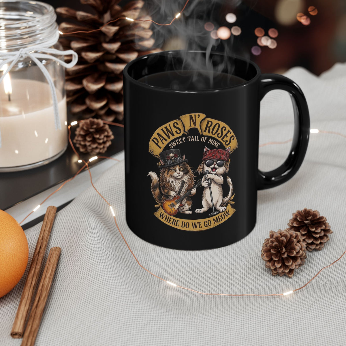PAWS N' ROSES "Sweet Tail of Mine" Funny Cats Black Mug