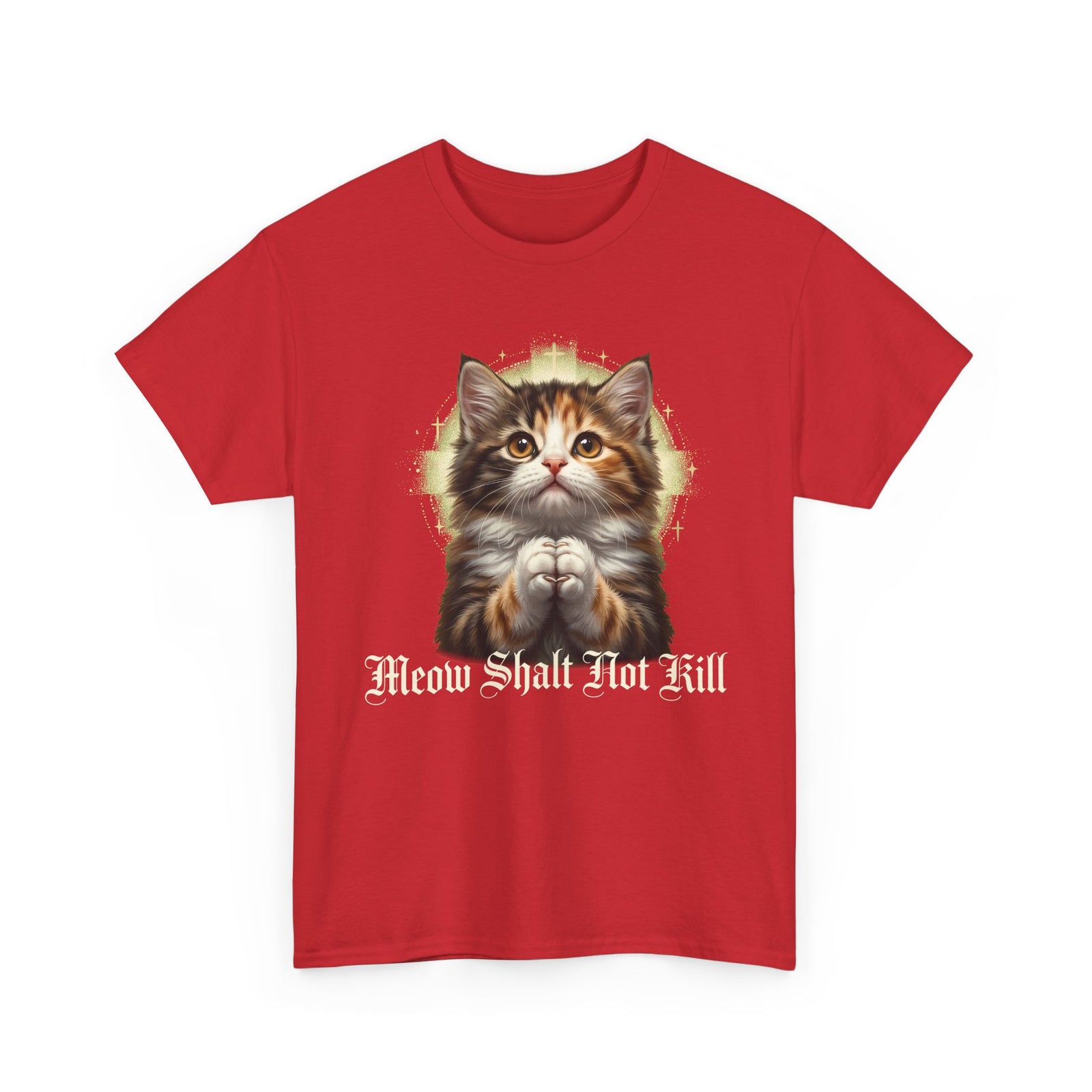 Praying Kitten T‑Shirt — "Meow Shalt Not Kill" Cute Vintage Cat Tee