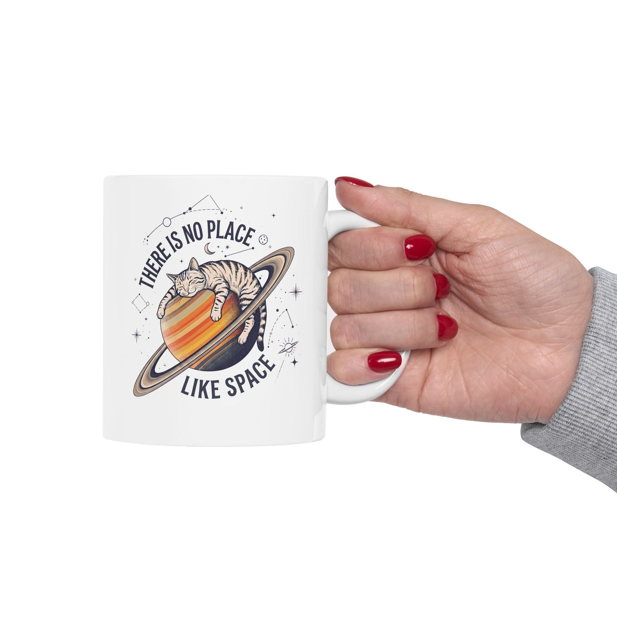 There Is No Place Like Space Ceramic Mug — Funny Sleeping Cat Saturn Mug