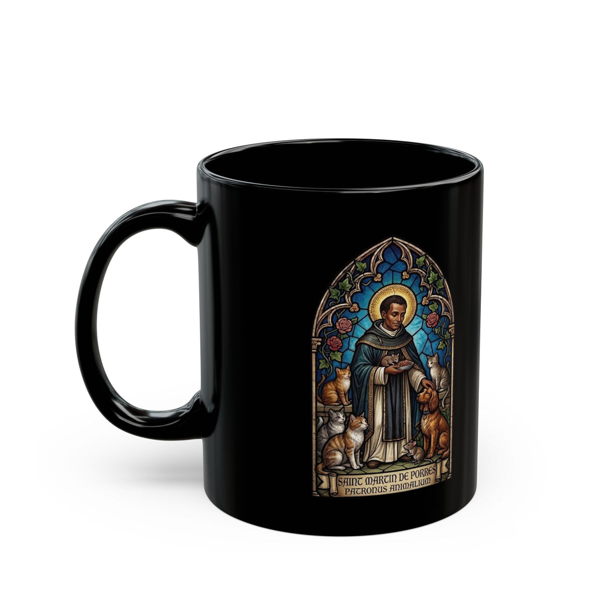 Saint Martin de Porres Cat Lovers Black Mug — Patron of Animals Mug