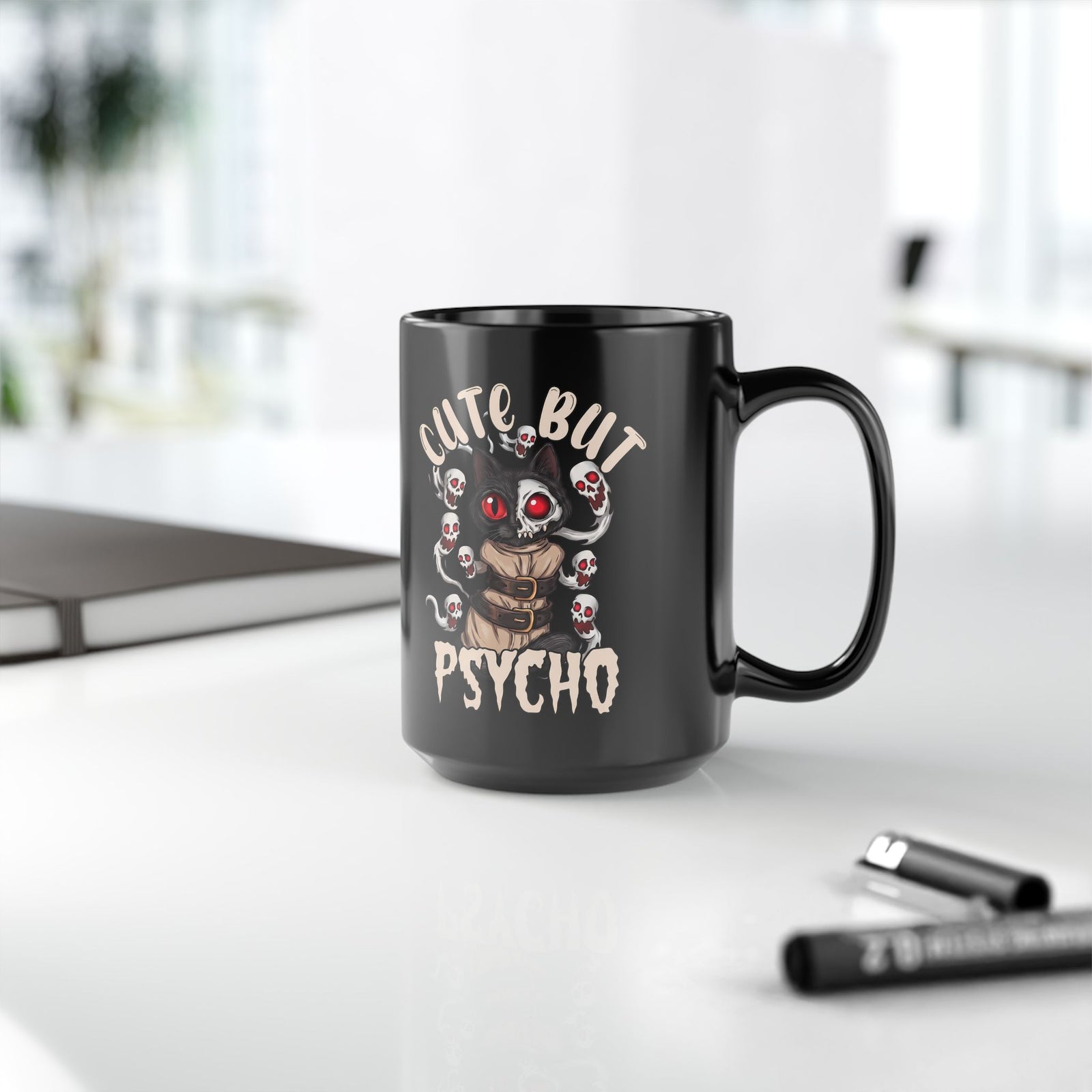 Cute But Psycho Black Mug — Funny Straightjacket Black Cat Horror Mug
