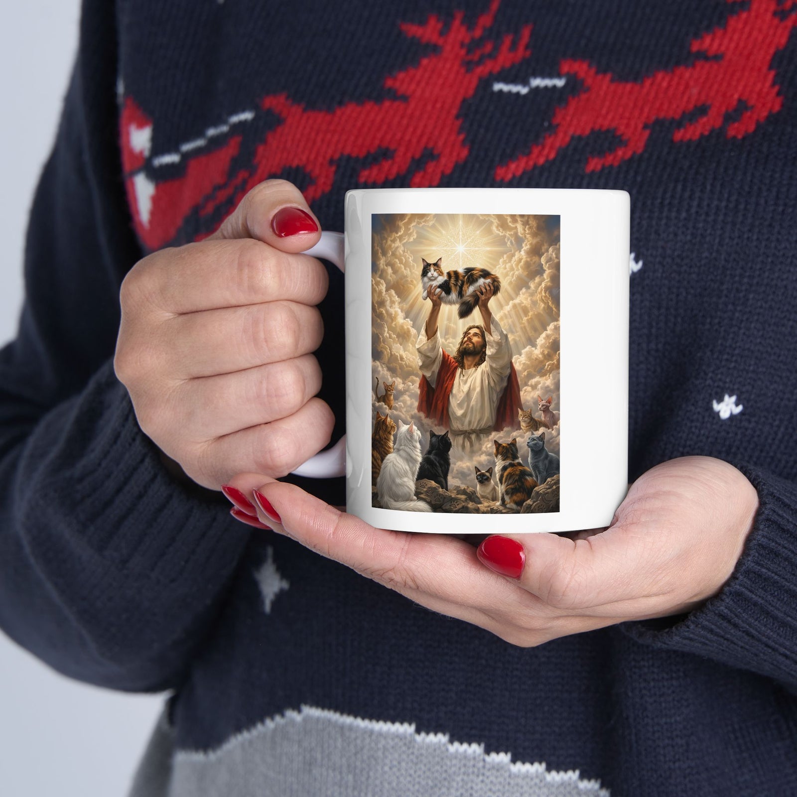 Jesus With Cats Ceramic Mug — Christian Cat Lover Mug