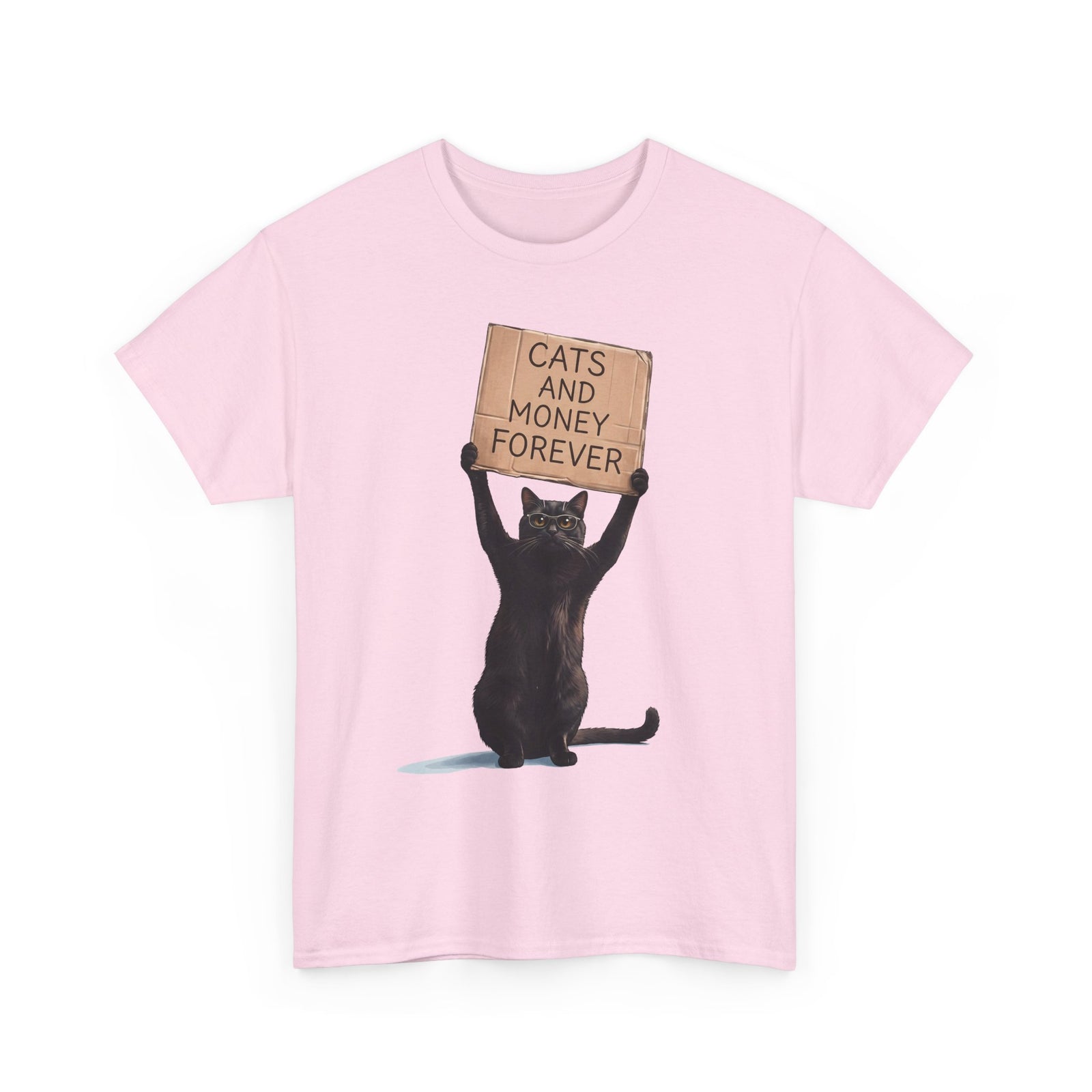 Cats And Money Forever T-Shirt — Funny Black Cat Cardboard Sign Meme Tee