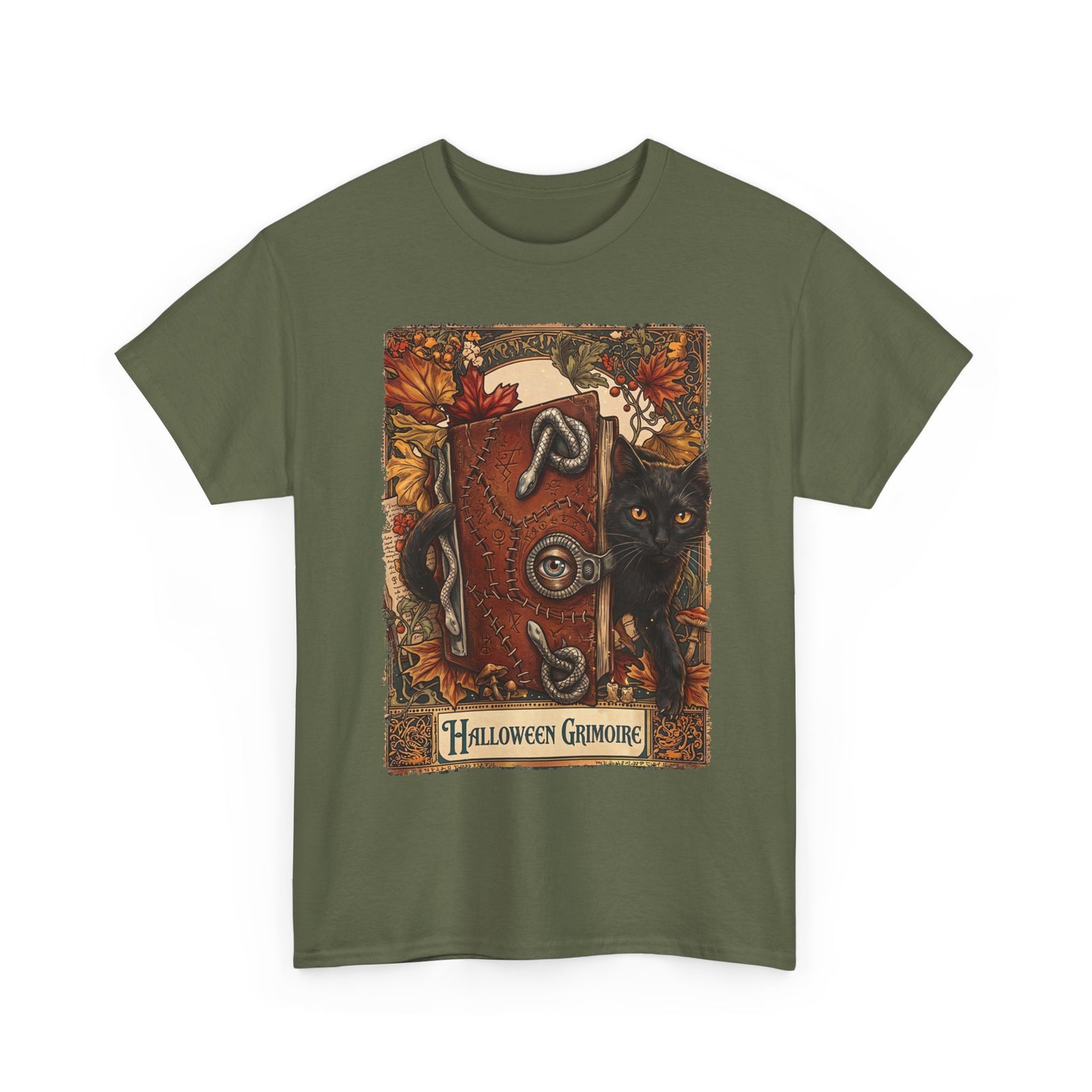 Halloween Grimoire Spellbook Black Cat T-Shirt — Witchy Autumn Magic Tee