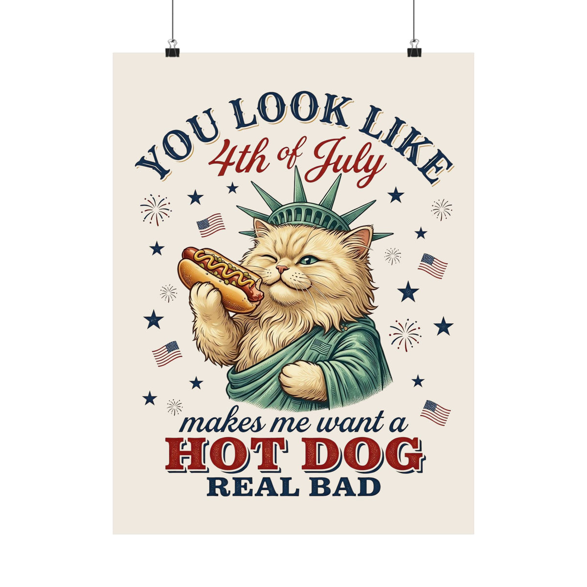 4th of July Cat &amp; Hot Dog Poster — Patriotic Fourth of July Poster