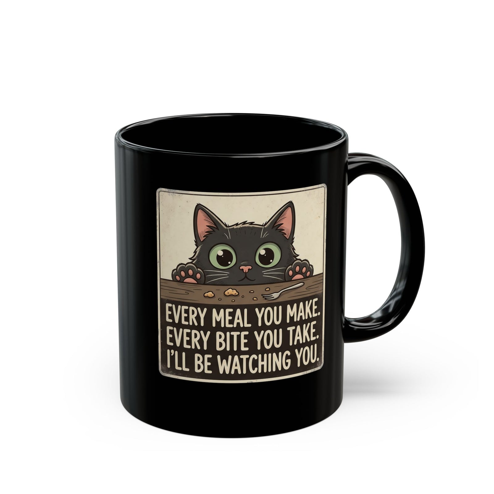 Cute Stalker Cat Watching You Black Mug — Funny Cat Lover Mug