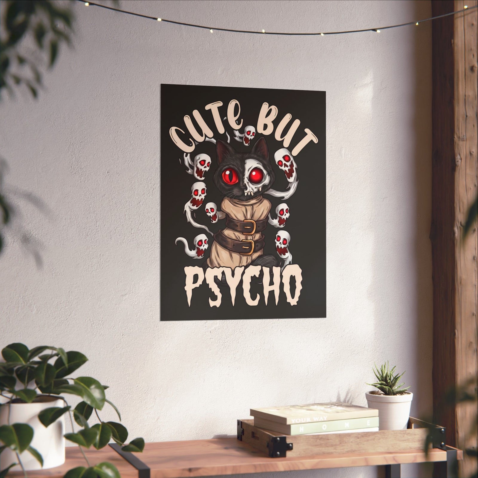 Cute But Psycho Poster — Funny Straightjacket Black Cat Horror Poster