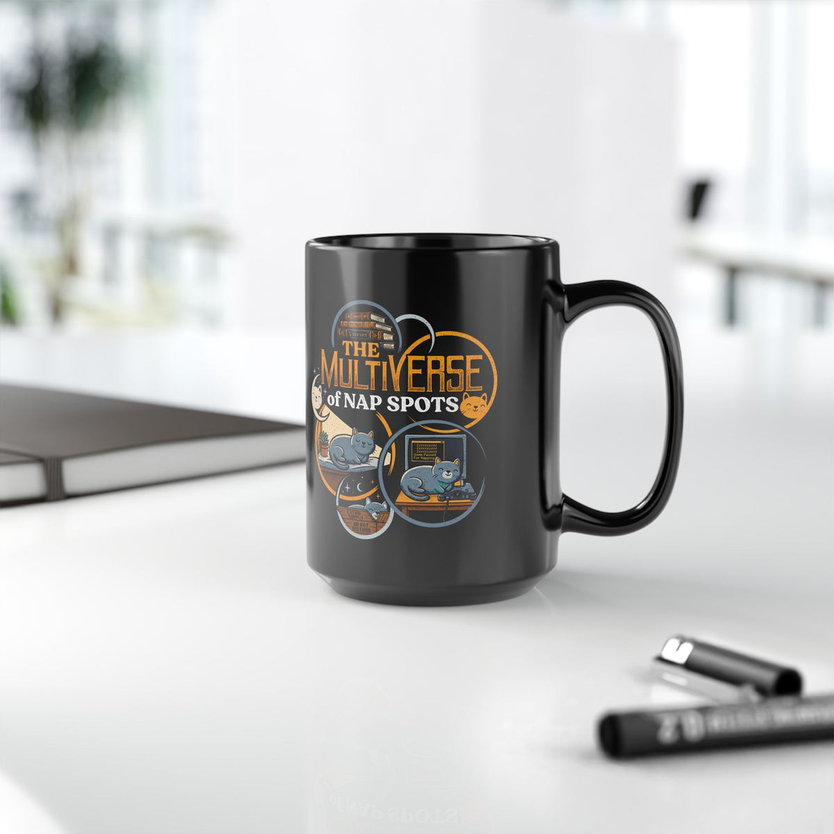 Multiverse Nap Spots Cute Cat Black Mug — Cute Cat Nap Graphic Mug