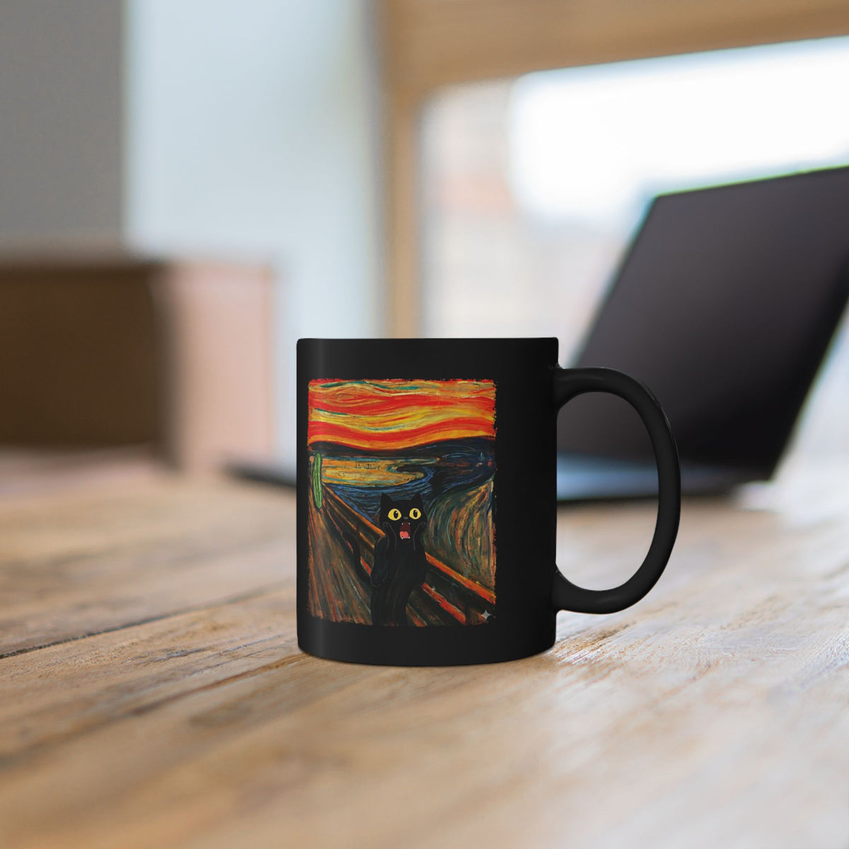 Black Cat Scream Black Mug — Cats Scared by Cucumbers Graphic Mug