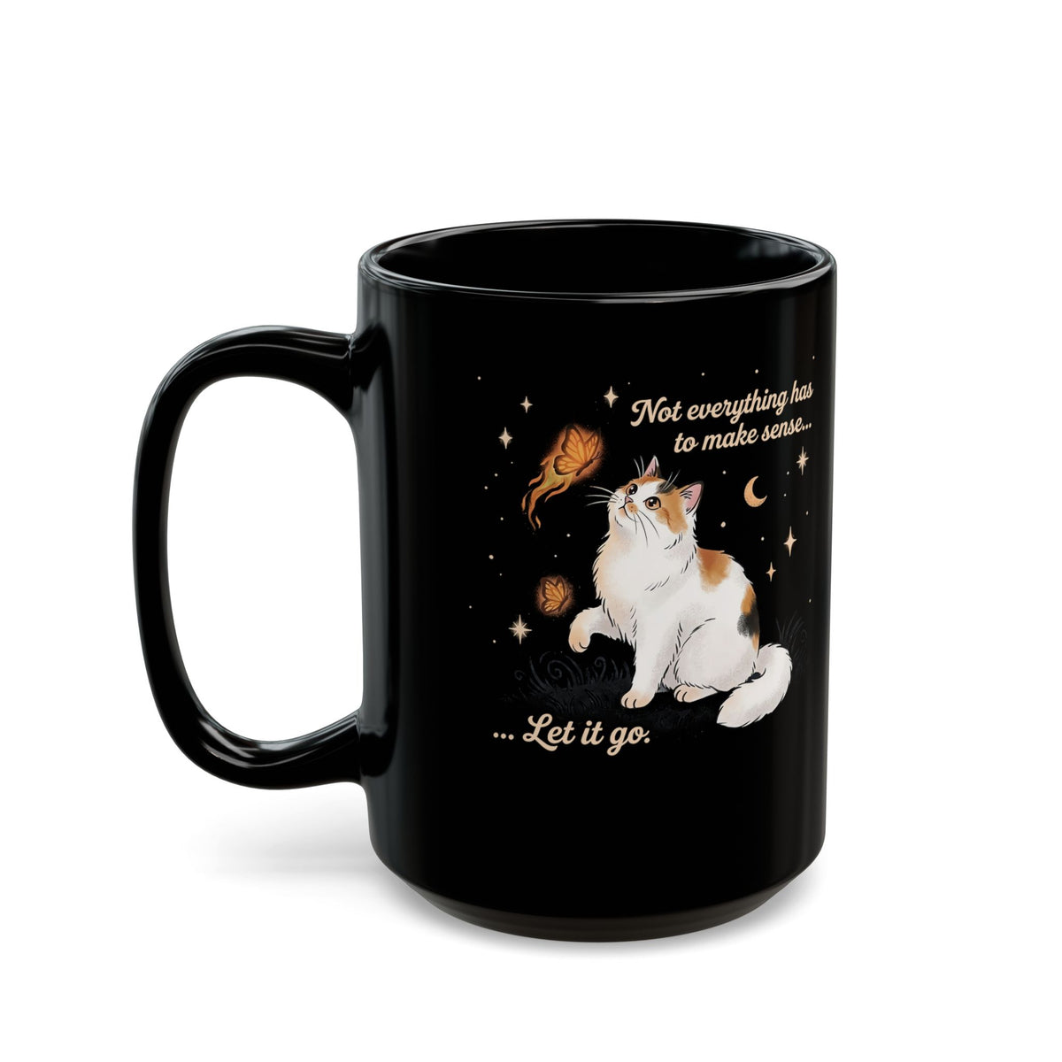 Vintage Whimsical Cat Black Mug — Spiritual Quote Graphic Mug