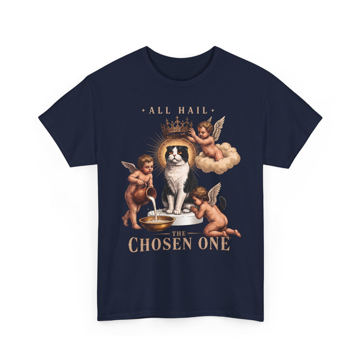 All Hail The Chosen One T-Shirt — Funny Tuxedo Cat Cherub Art Tee