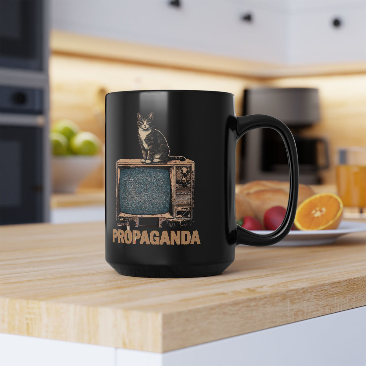 Propaganda Cat Black Mug — Funny Retro Vintage TV Tabby Mug