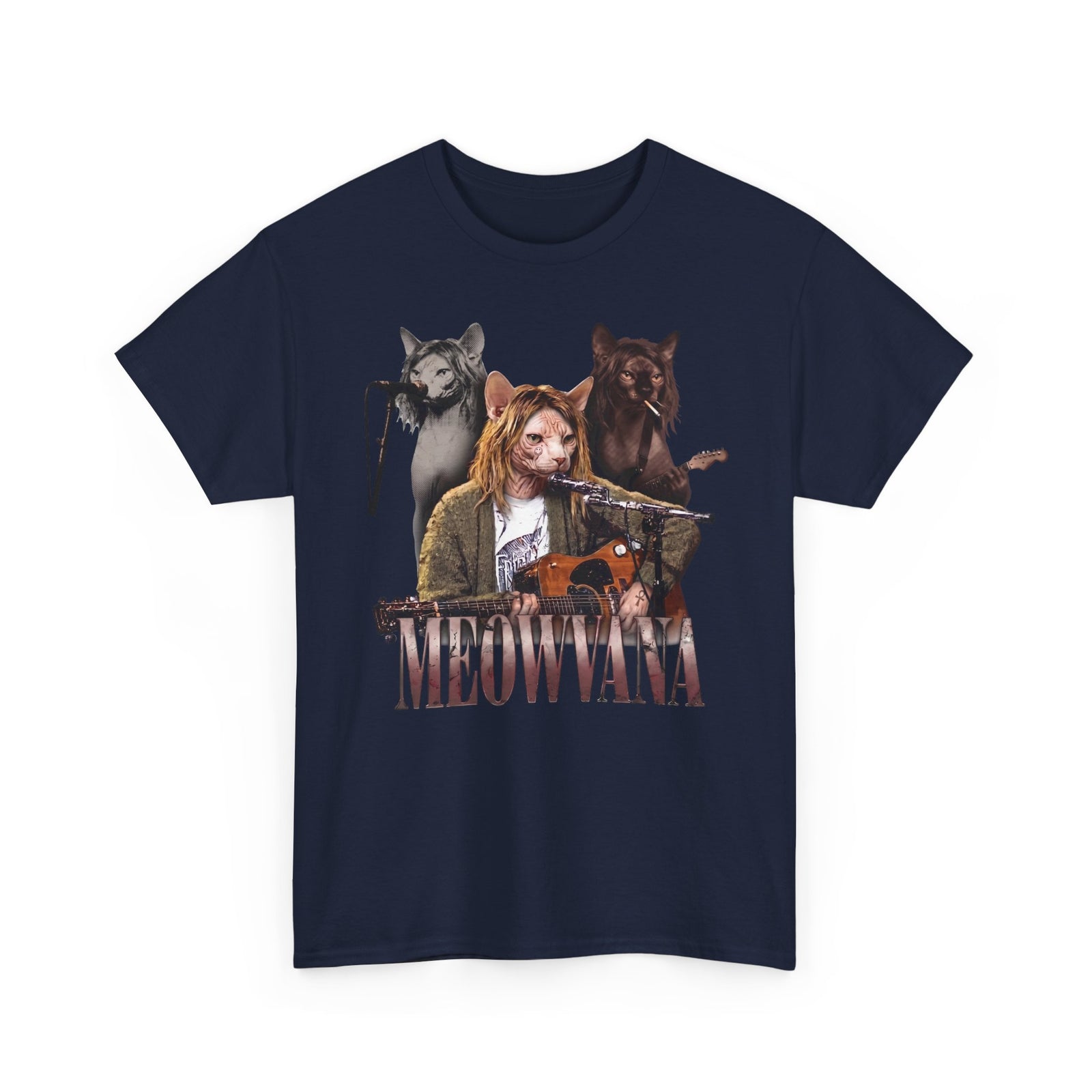 Meowvana Grunge Cat Band T-Shirt — Funny 90s Rock Sphynx Cat Tee
