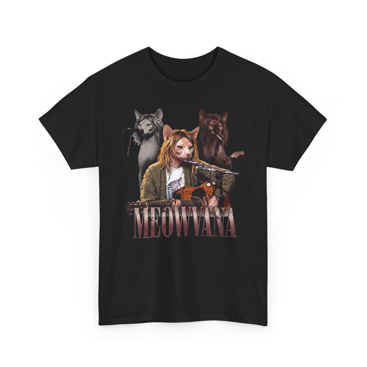 Meowvana Grunge Cat Band T-Shirt — Funny 90s Rock Sphynx Cat Tee