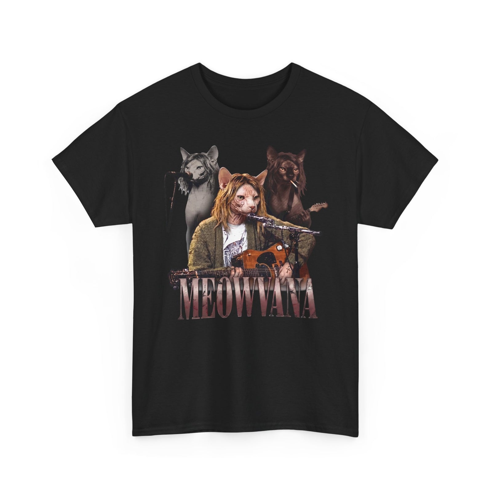 Meowvana Grunge Cat Band T-Shirt — Funny 90s Rock Sphynx Cat Tee