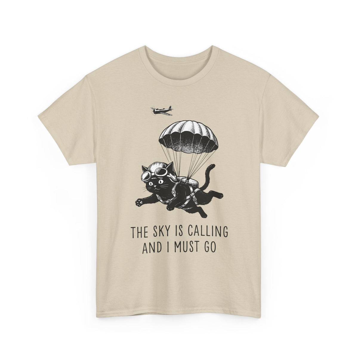 The Sky Is Calling And I Must Go T-Shirt — Funny Parachuting Black Cat Tee
