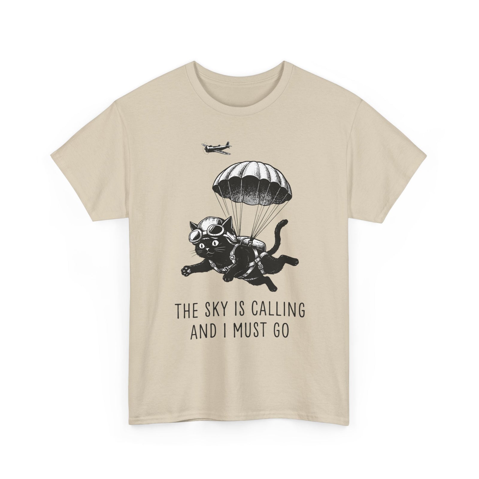 The Sky Is Calling And I Must Go T-Shirt — Funny Parachuting Black Cat Tee
