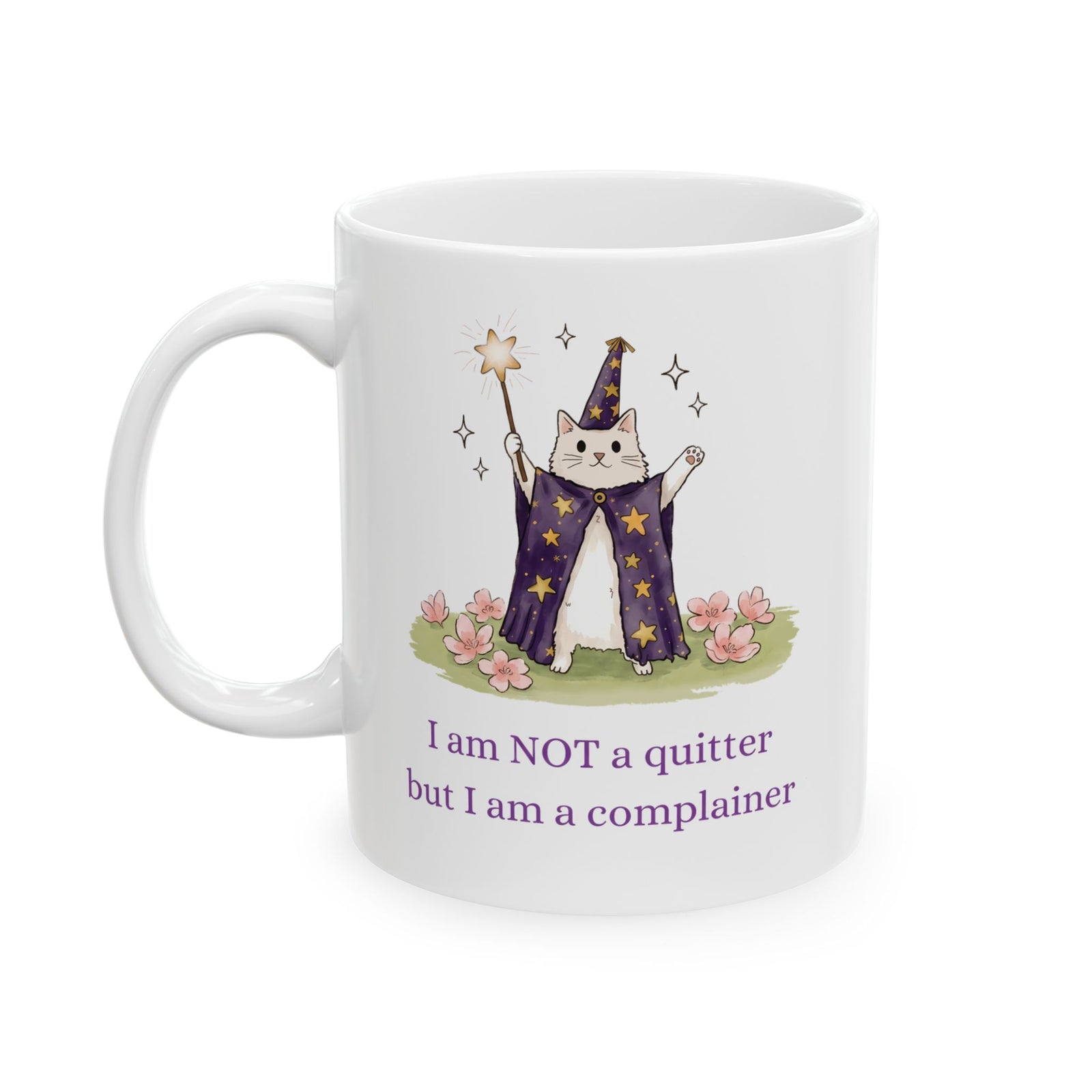 Funny Wizard Cat Ceramic Mug — Whimsical Magical Feline Complainer Drinkware