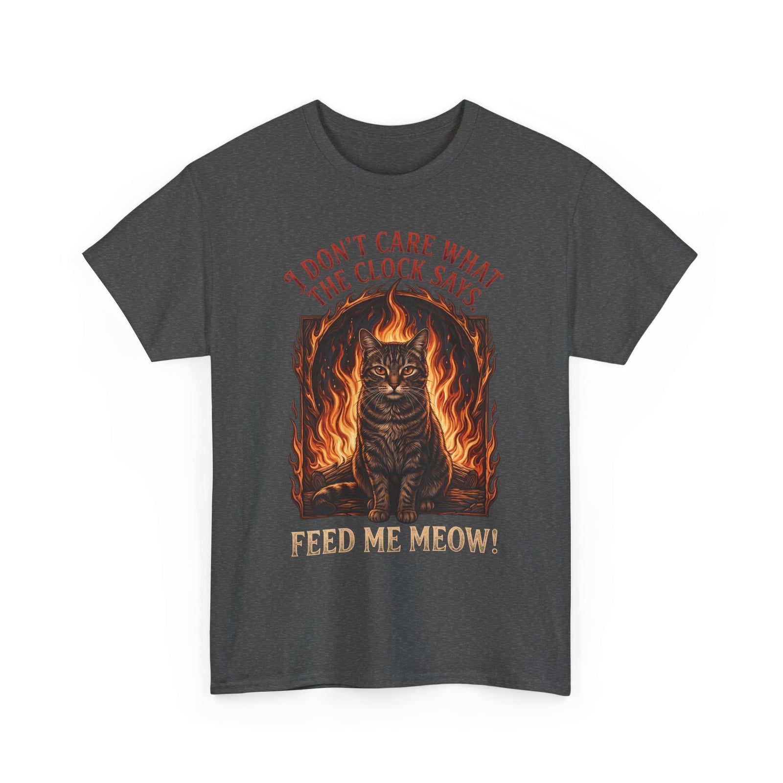 Feed Me Meow T-Shirt — Funny Hungry Tabby Cat Fiery Graphic Tee