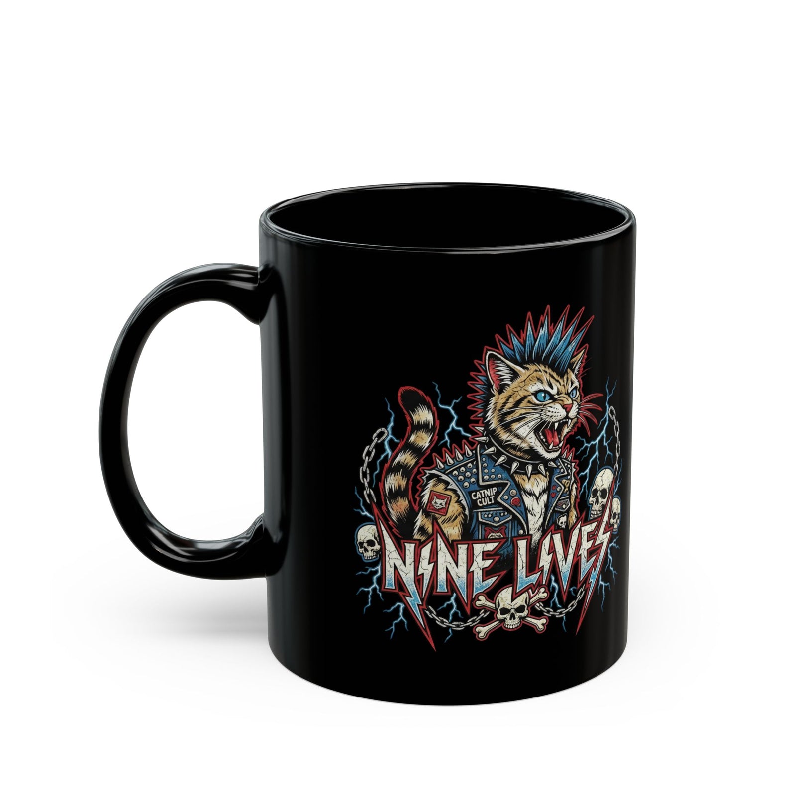 Nine Lives Cat Black Mug — Retro Feline Graphic Mug