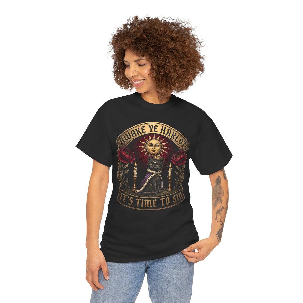 Awake Ye Harlots It's Time To Sin T-Shirt — Mystical Crowned Black Cat Tee