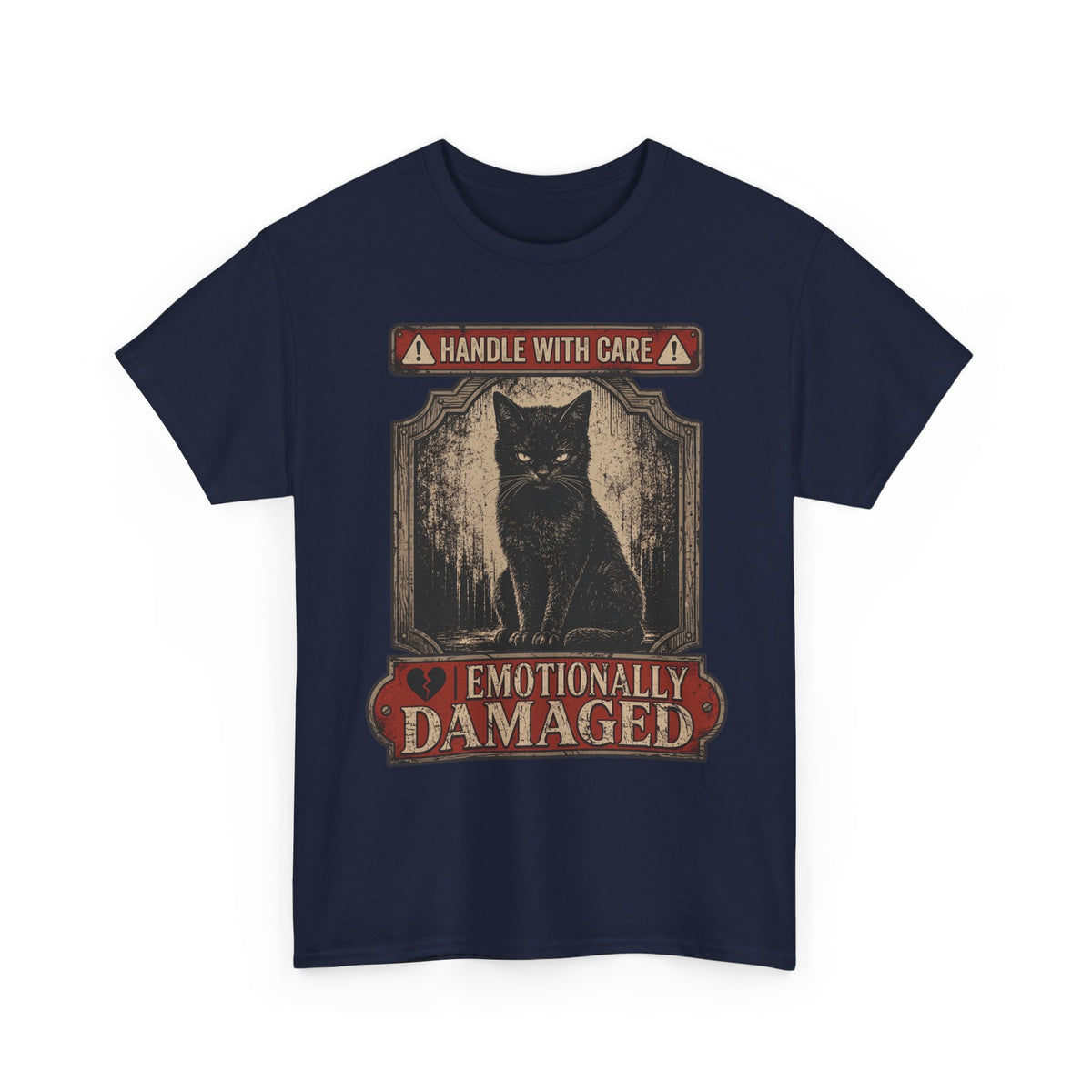 Emotionally Damaged Cat T-Shirt – "Handle With Care" Vintage Black Tee