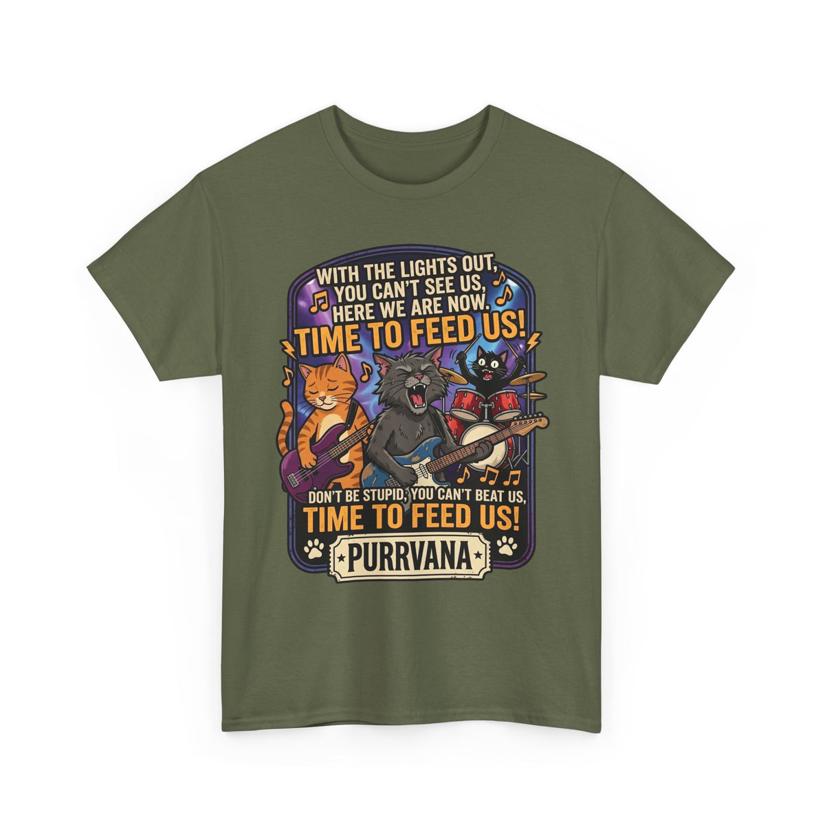 Purrvana Cat Band Graphic Tee — “Time to Feed Us!” Funny Cat Music T-Shirt