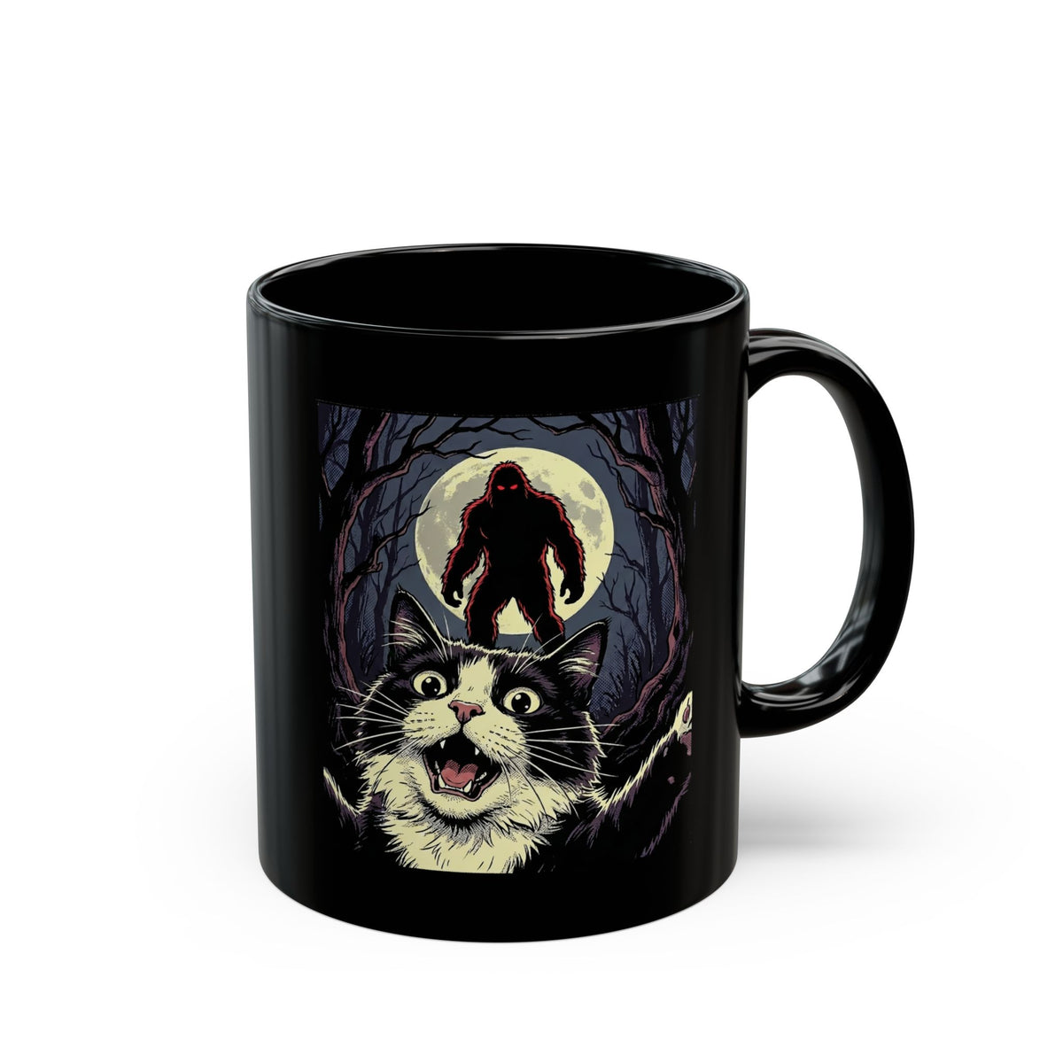Cat Selfie with Bigfoot Black Mug