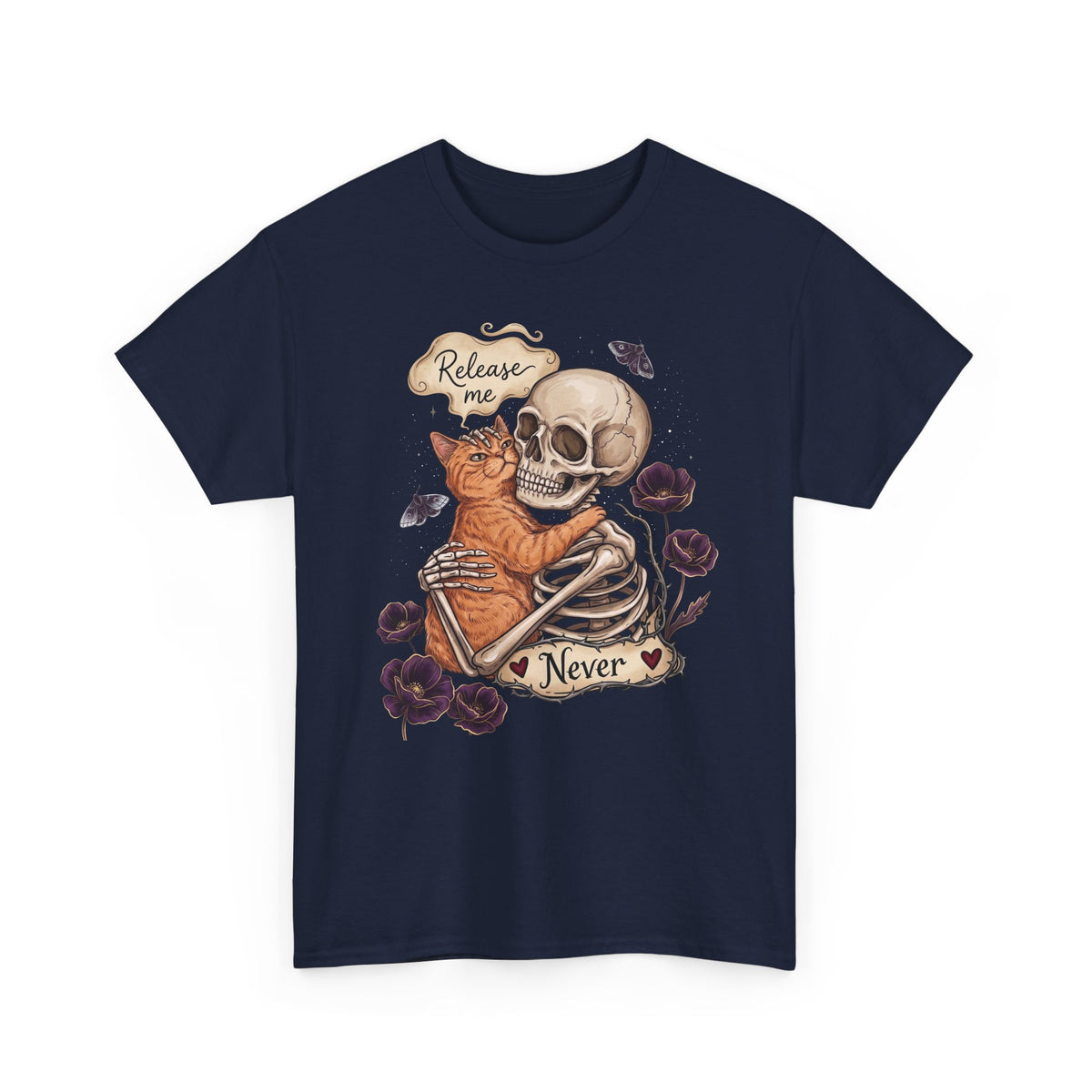 Funny Clingy Skeleton & Cat T-Shirt — Dark Aesthetic Cat Tee