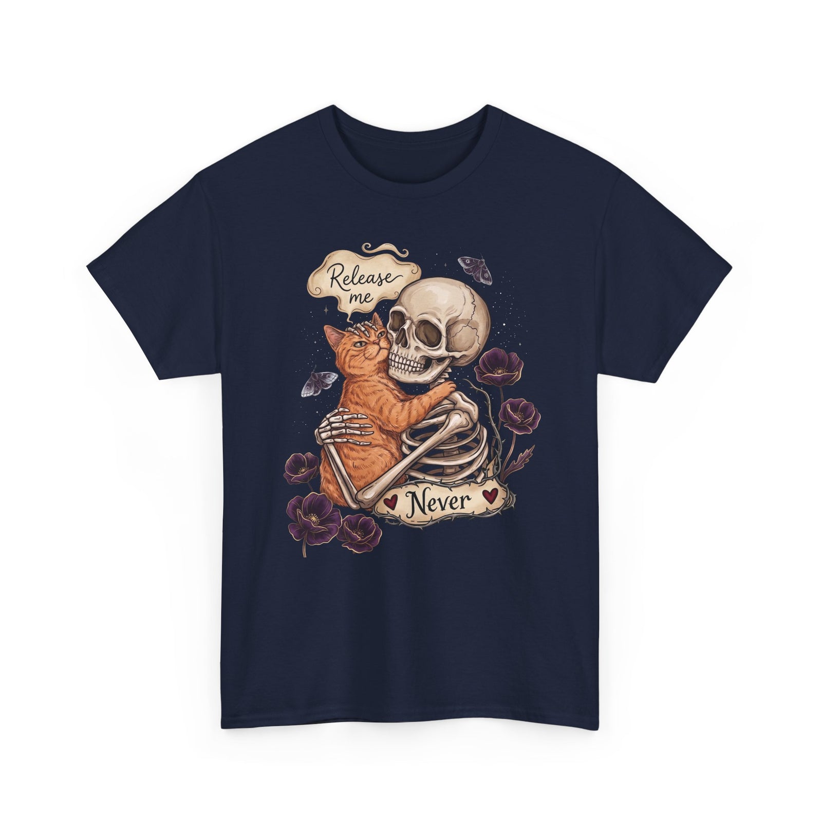 Funny Clingy Skeleton & Cat T-Shirt — Dark Aesthetic Cat Tee