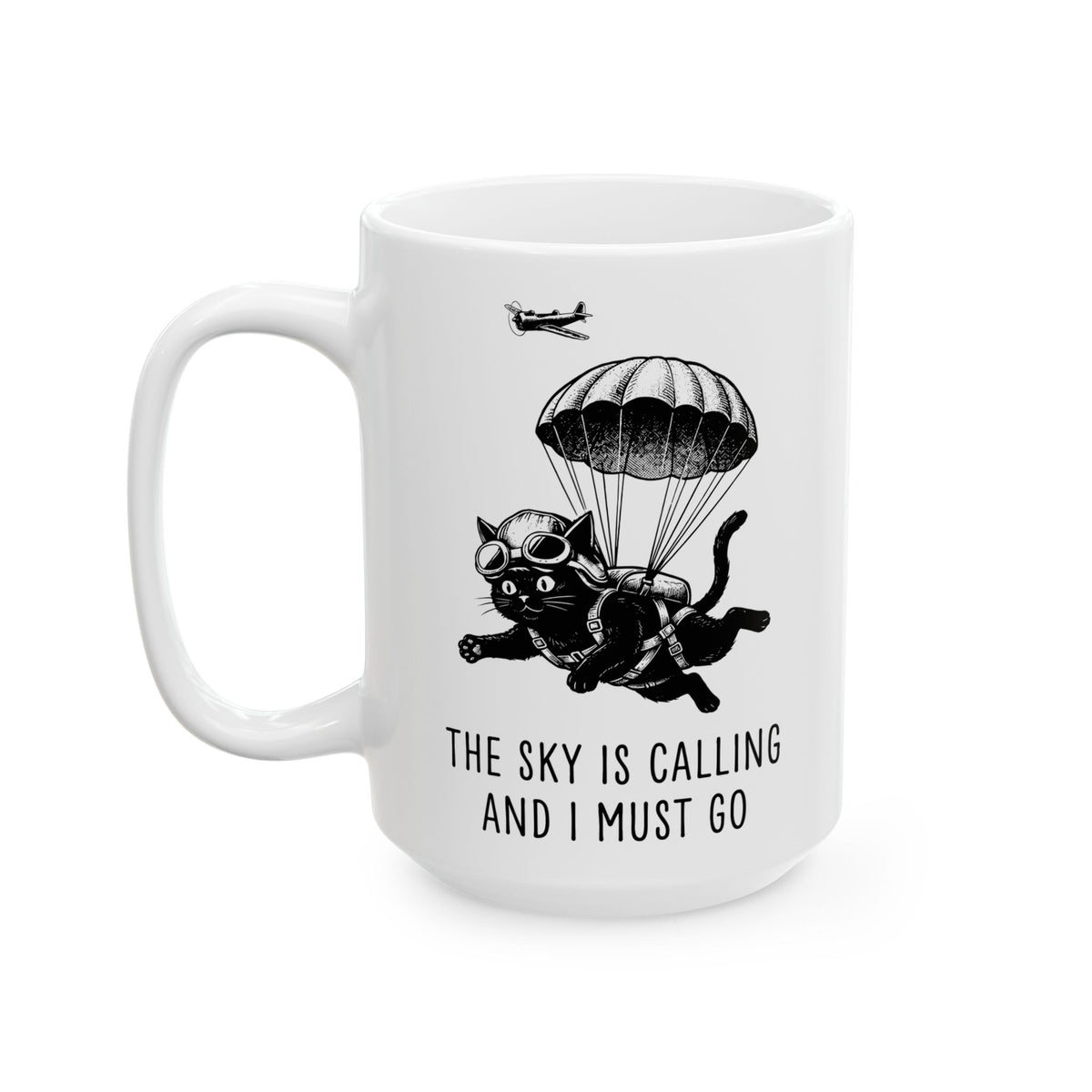 The Sky Is Calling And I Must Go Ceramic Mug — Funny Parachuting Black Cat Mug