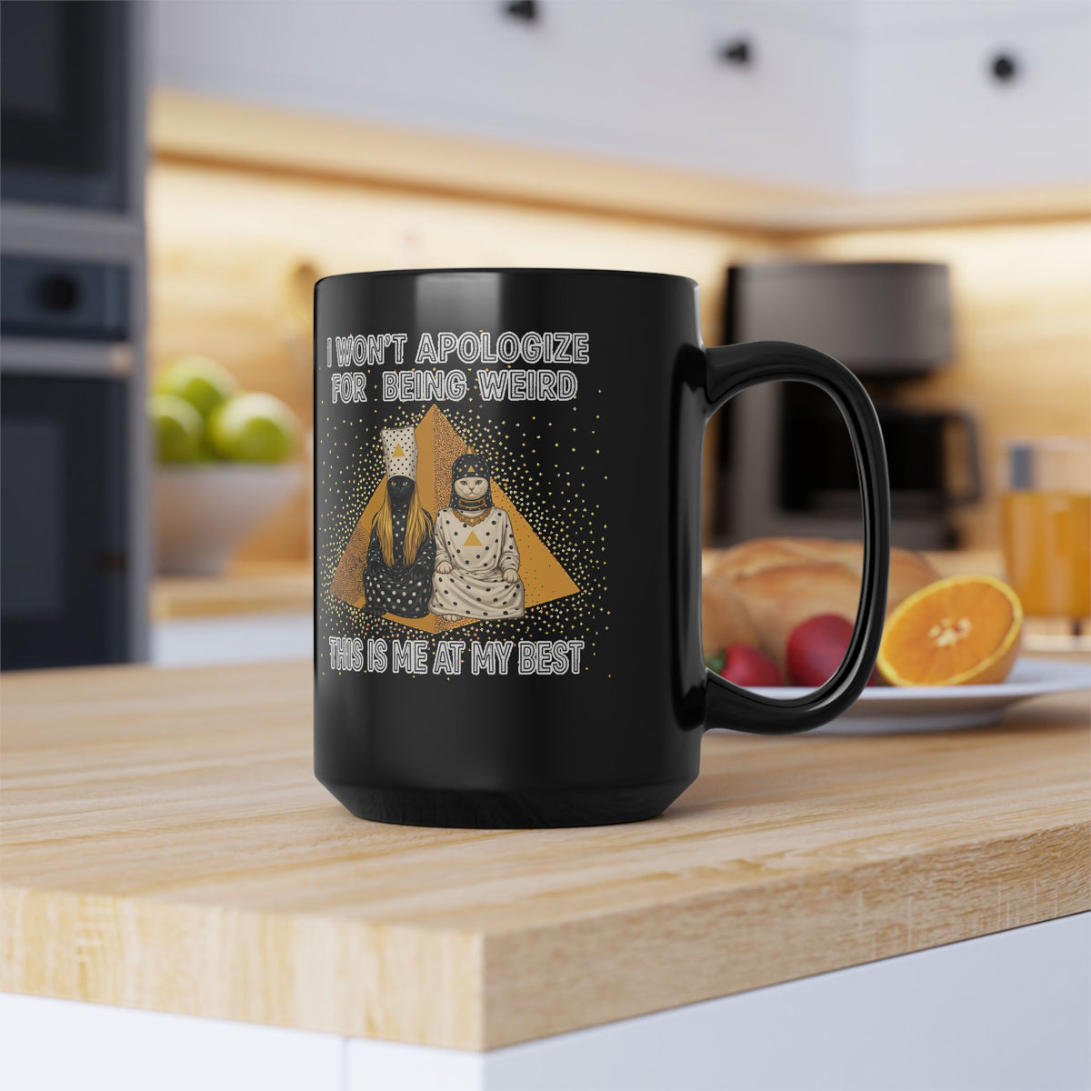 I Won't Apologize For Being Weird Black Mug — Surreal Retro Cult Cats Graphic