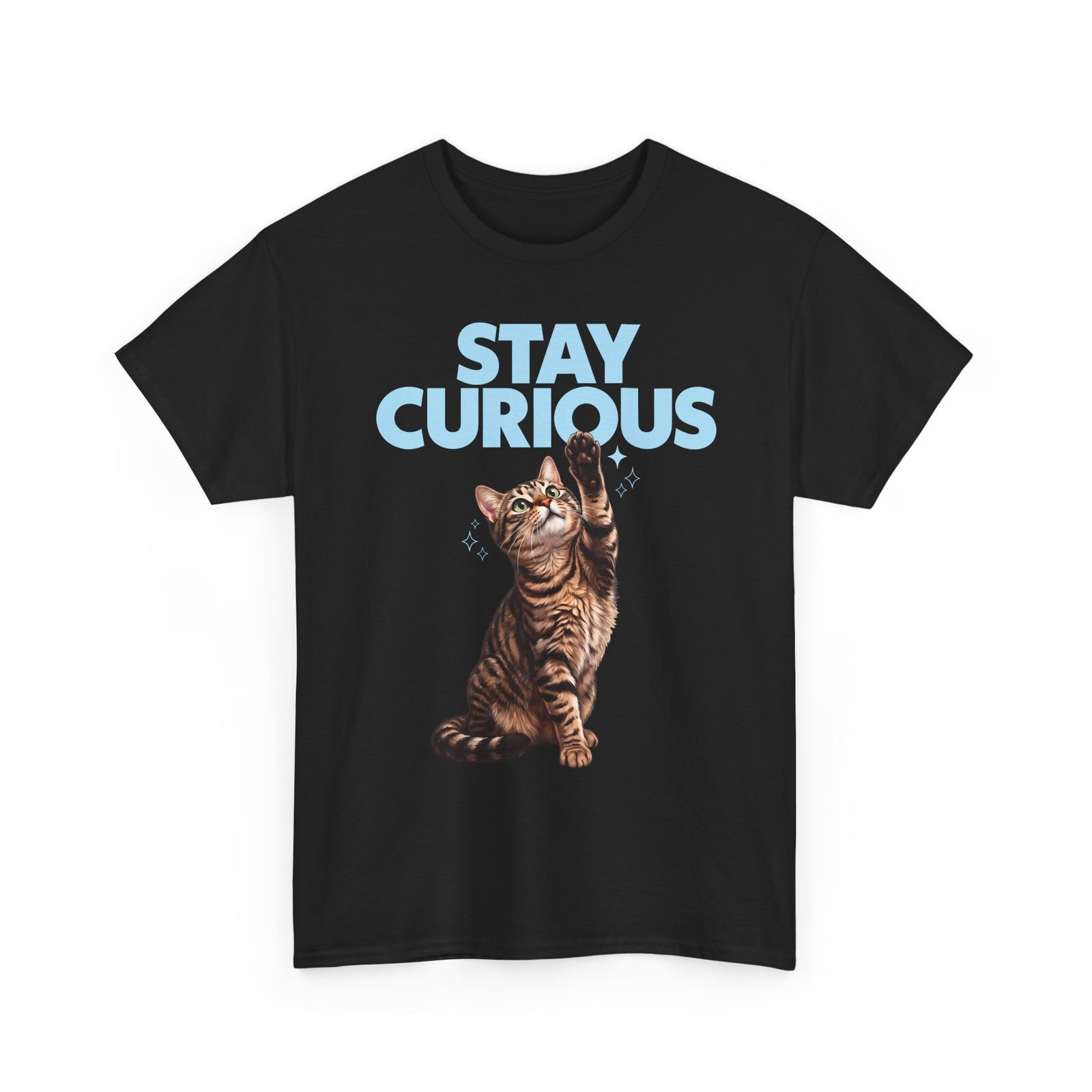 Stay Curious Tabby Cat T-Shirt — Cute Reaching Feline Graphic Tee