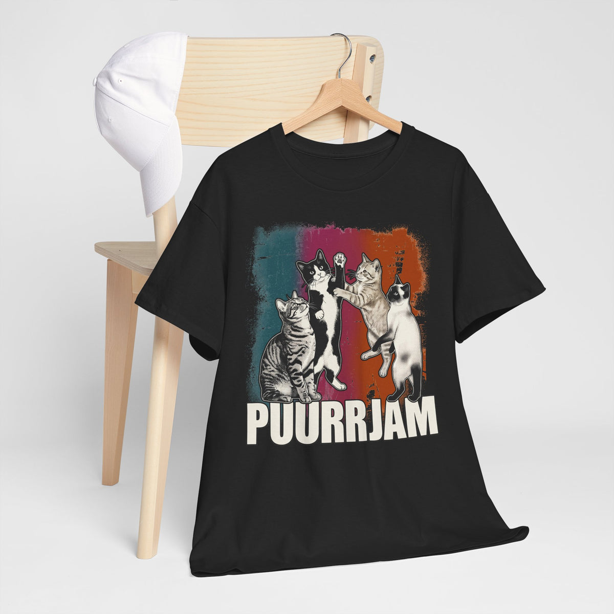 Purrjam Cat Band T‑Shirt — Vintage Retro Feline Music Graphic Tee