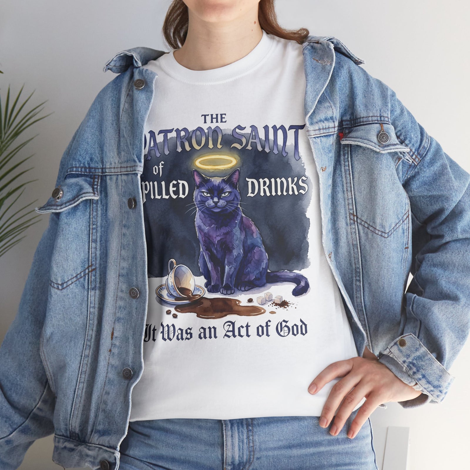 Saint of Spilled Drinks Cat T-Shirt — "It Was an Act of God" Humor Tee