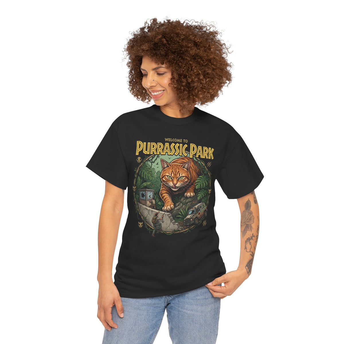 Purrassic Park Cat T‑Shirt — Retro Dino-Parody Graphic Tee