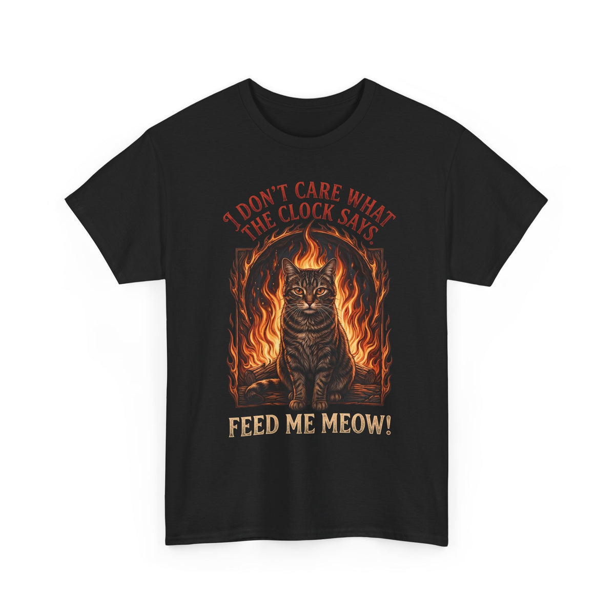Feed Me Meow T-Shirt — Funny Hungry Tabby Cat Fiery Graphic Tee