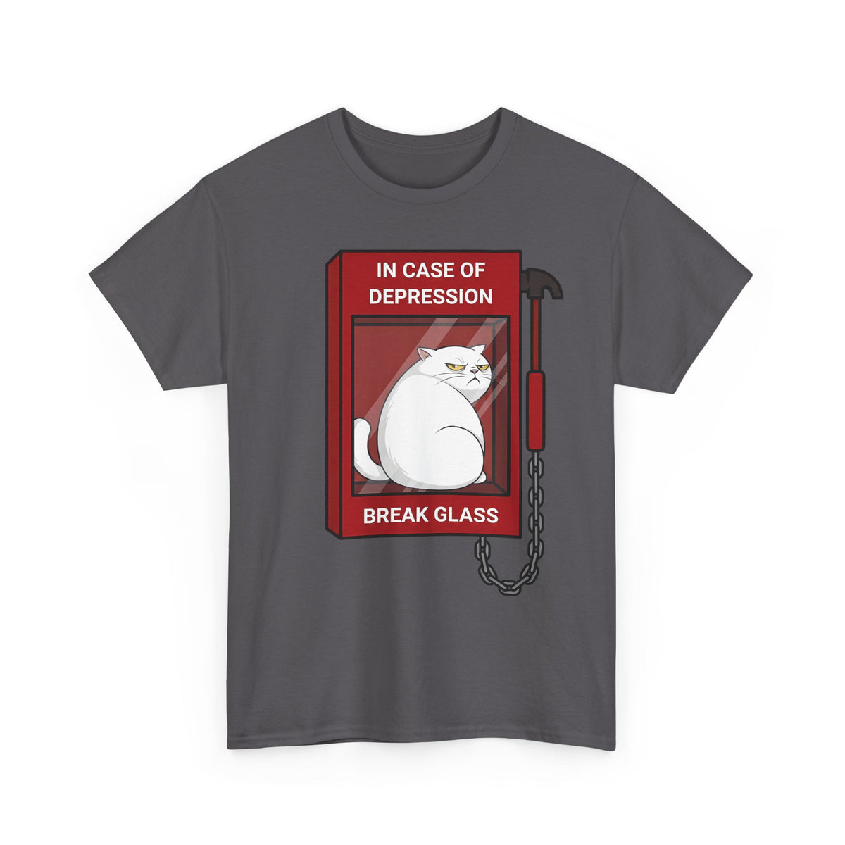 In Case Of Depression Break Glass T-Shirt — Funny Grumpy White Cat Emergency Tee